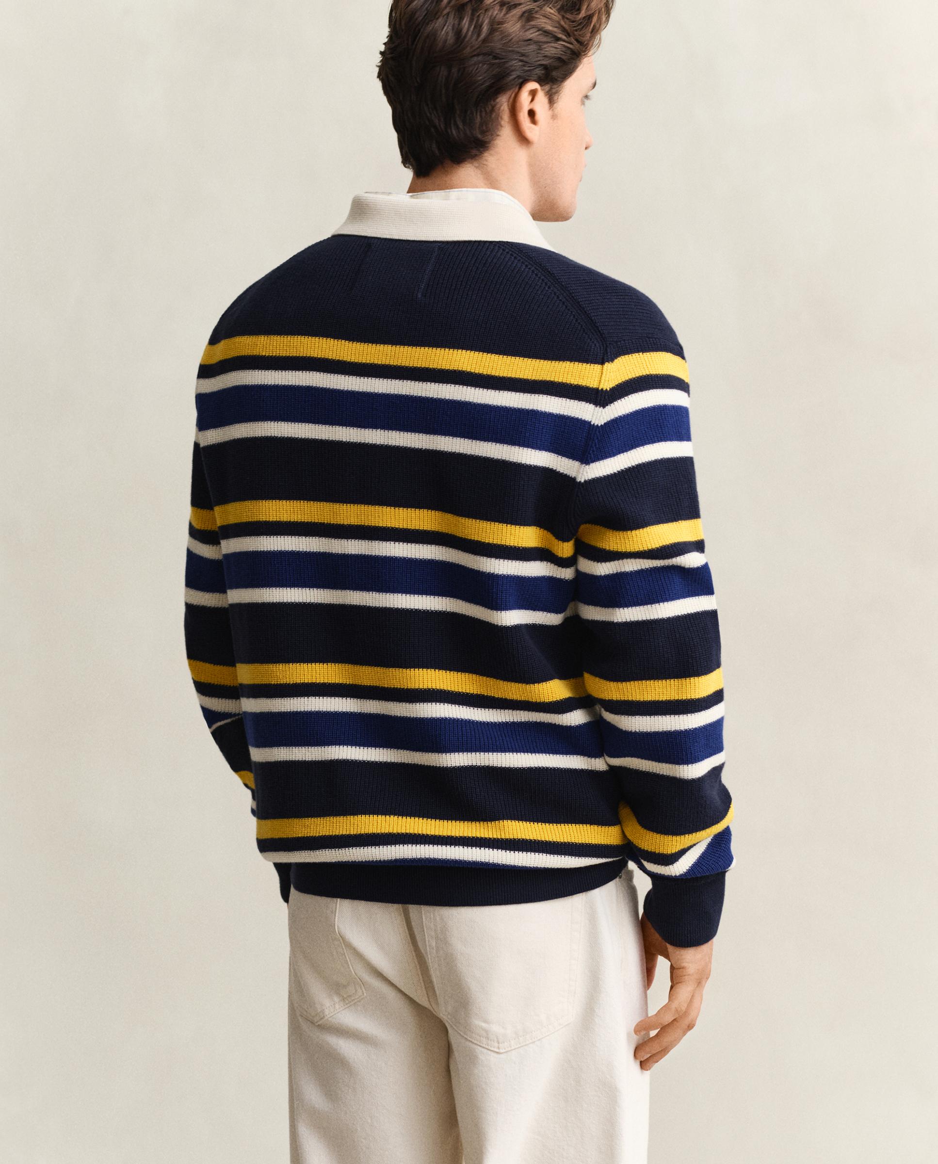 Camisola Tipo Polo de Malha Canelada Às Riscas Azul-2