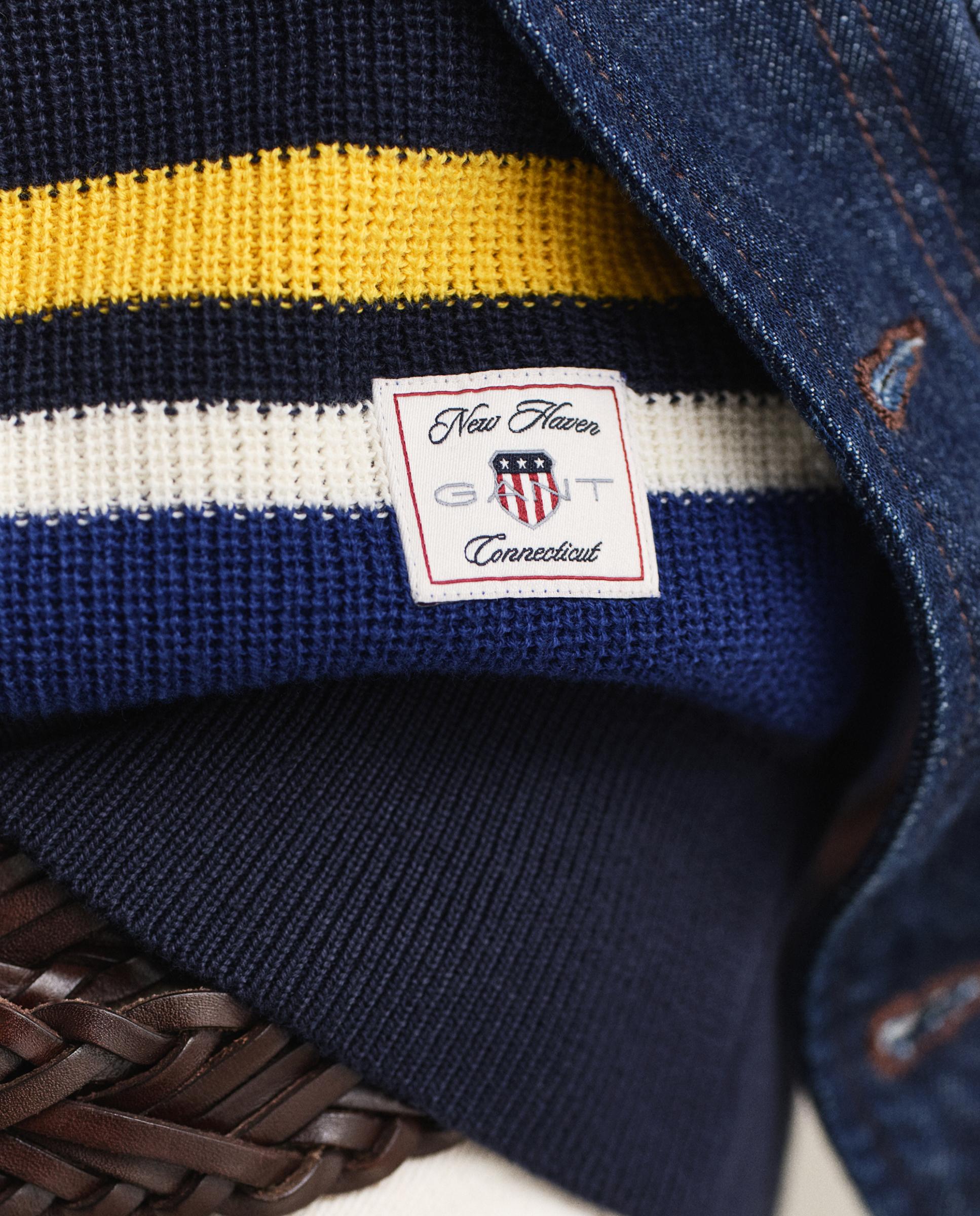 Camisola Tipo Polo de Malha Canelada Às Riscas Azul-3