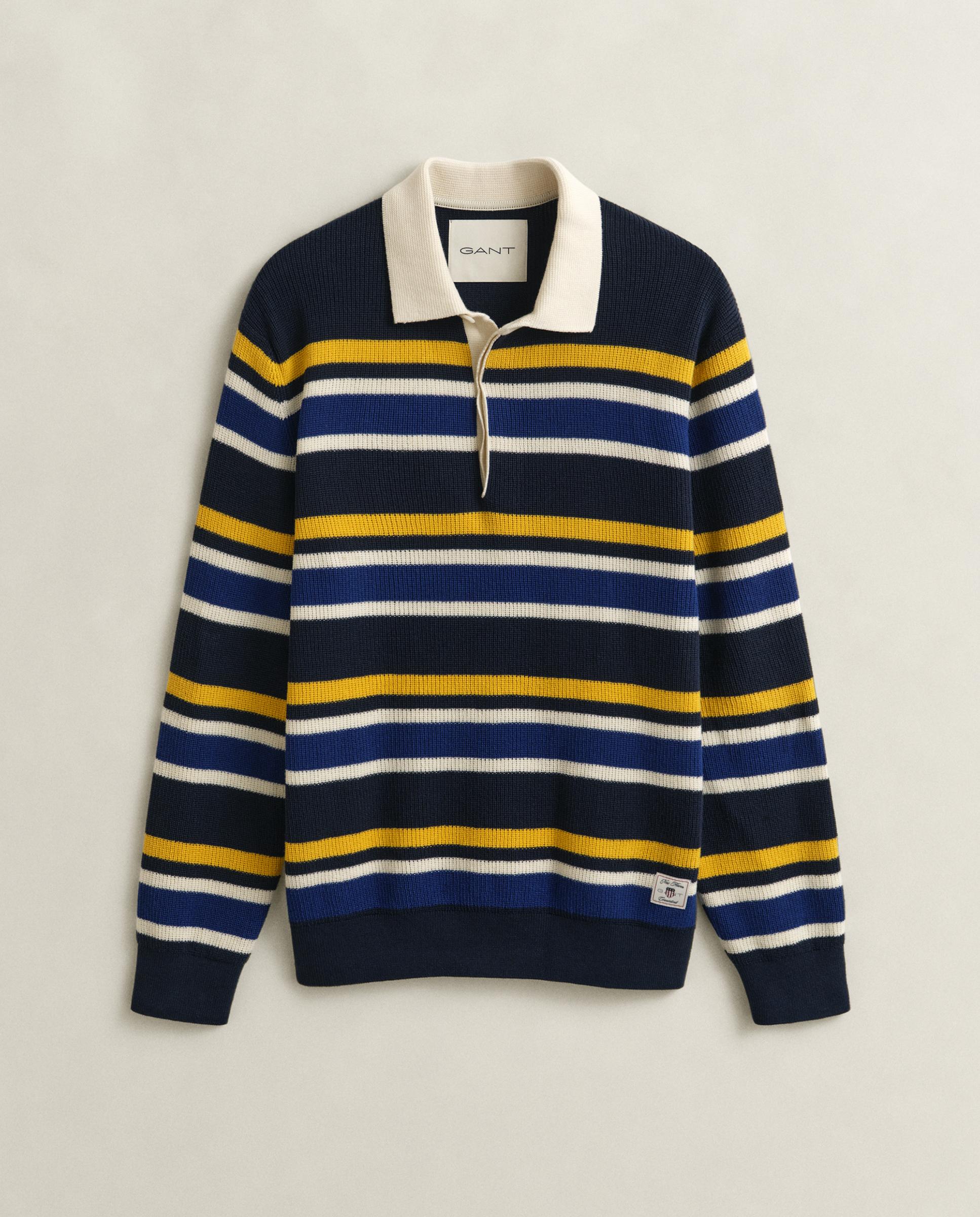 Camisola Tipo Polo de Malha Canelada Às Riscas Azul-5