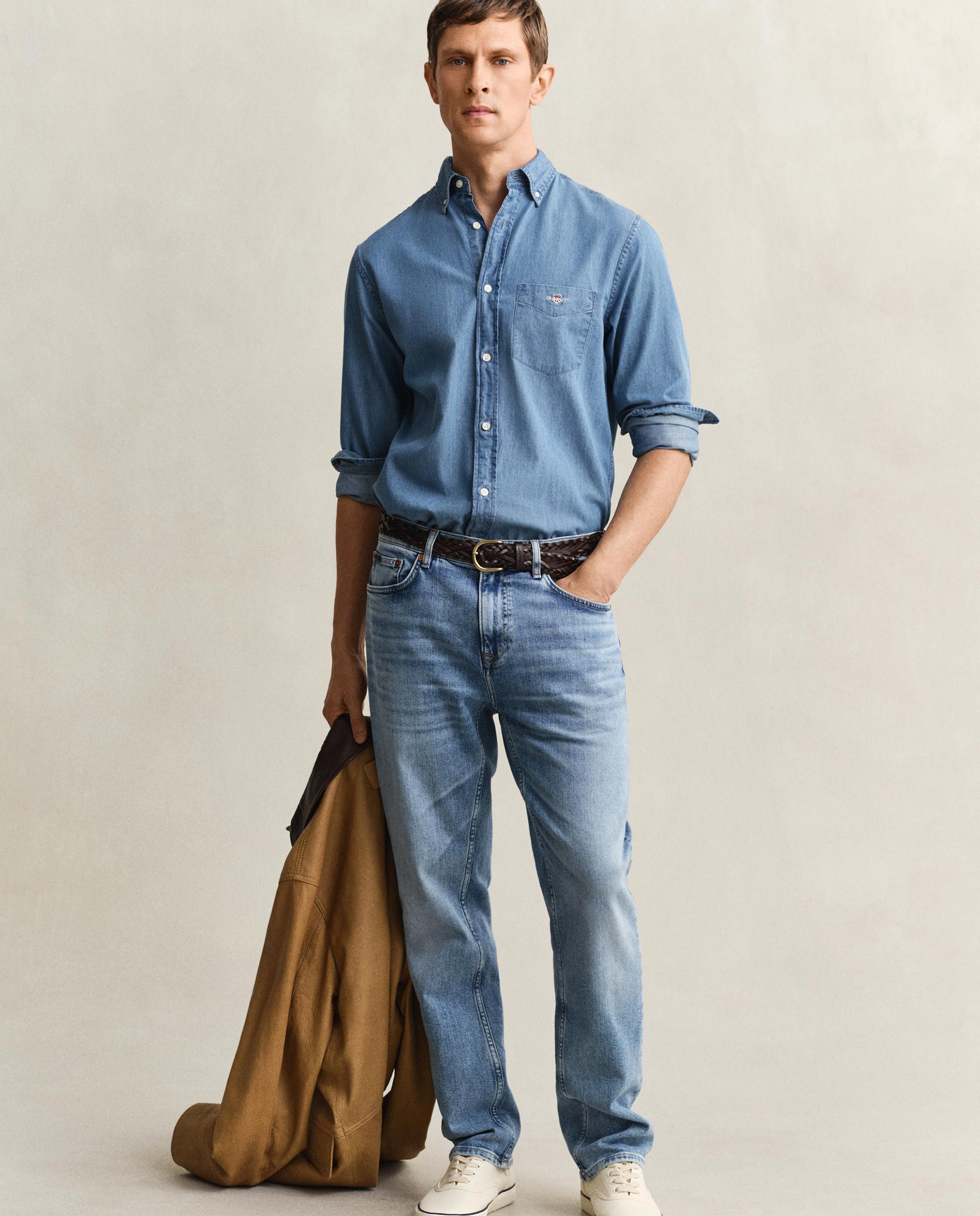 Jeans Regular Fit com Bolsos Azul-4
