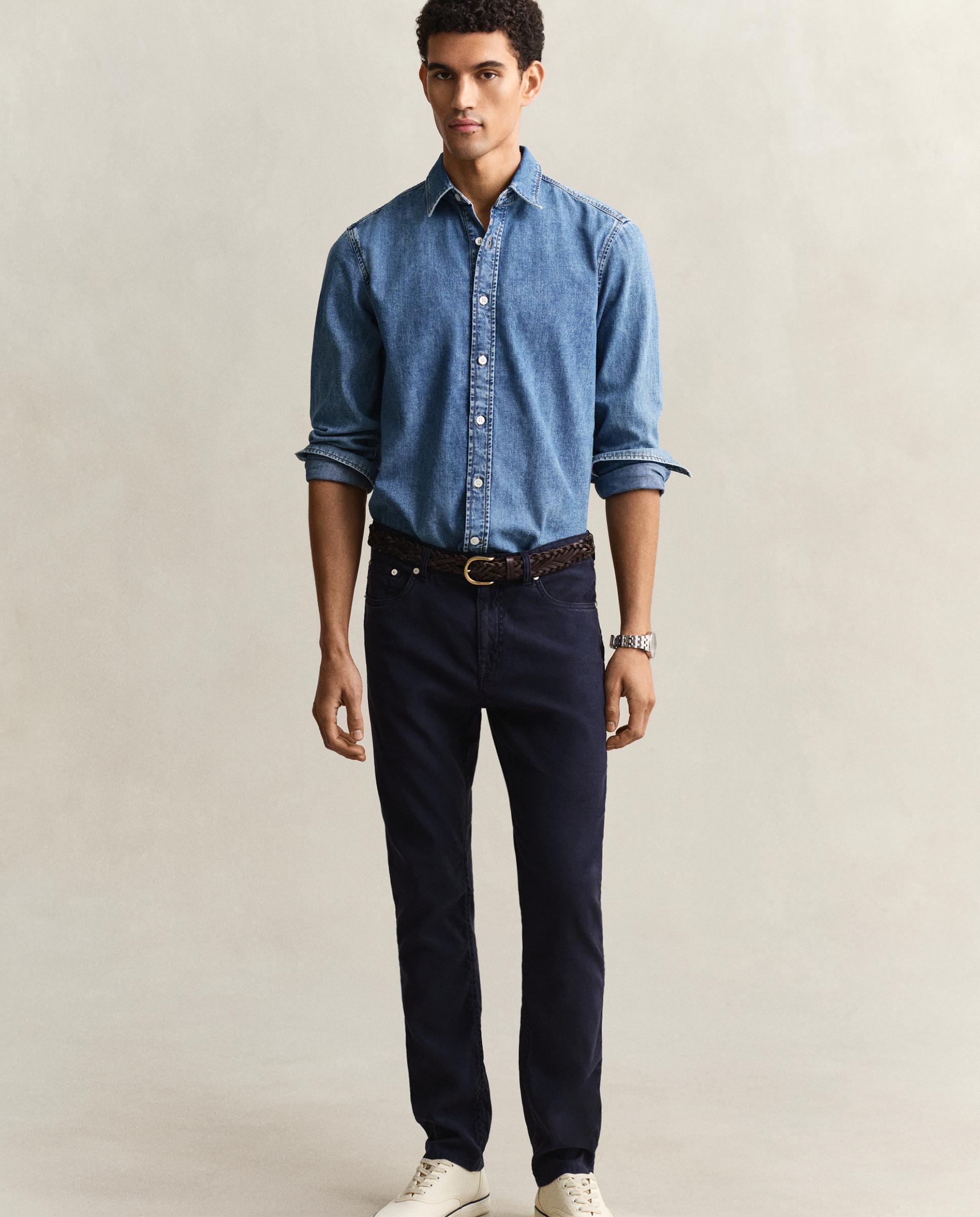 Jeans Regular em Mescla de Linho Azul-1