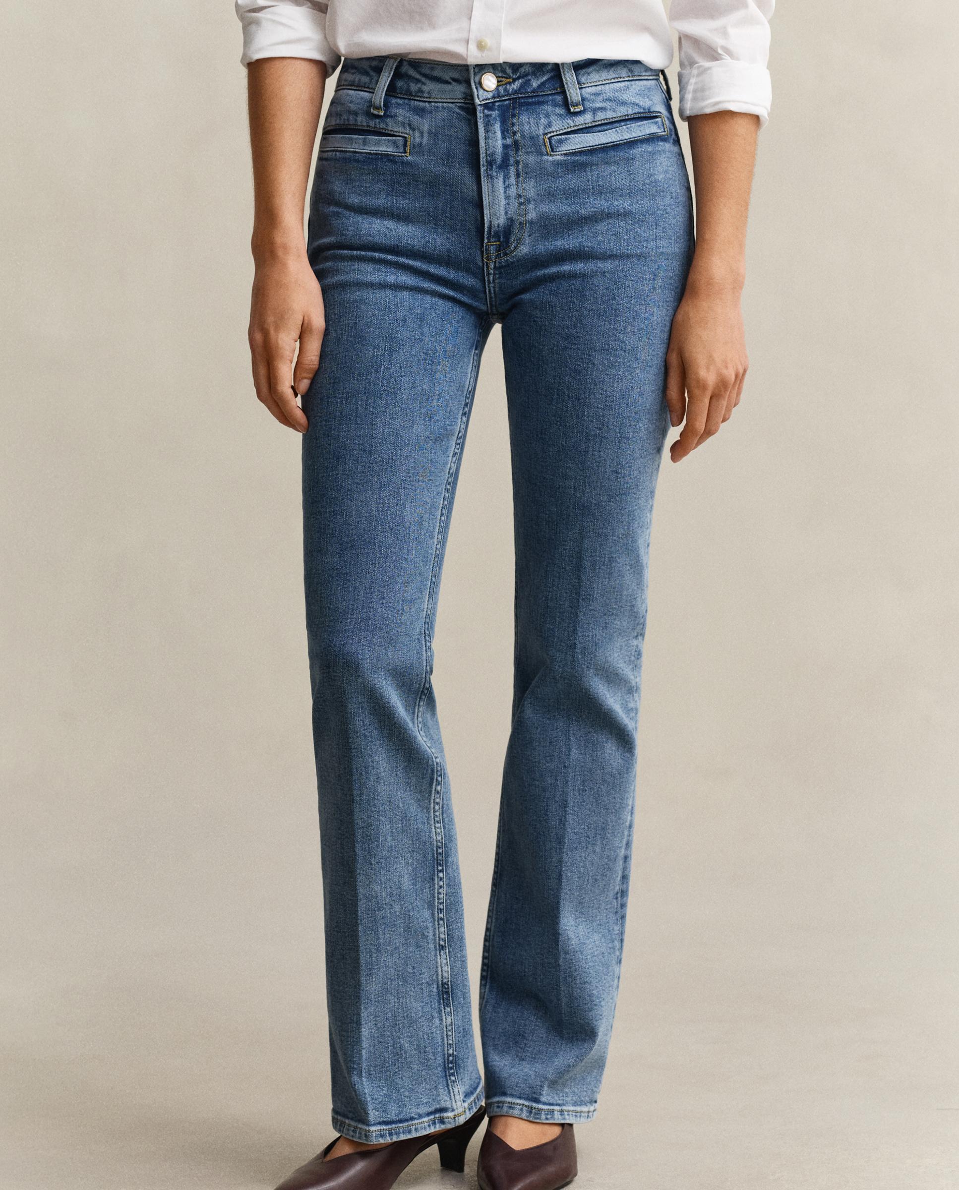Jeans À Boca de Sino com Monograma de Cintura Subida Azul-3