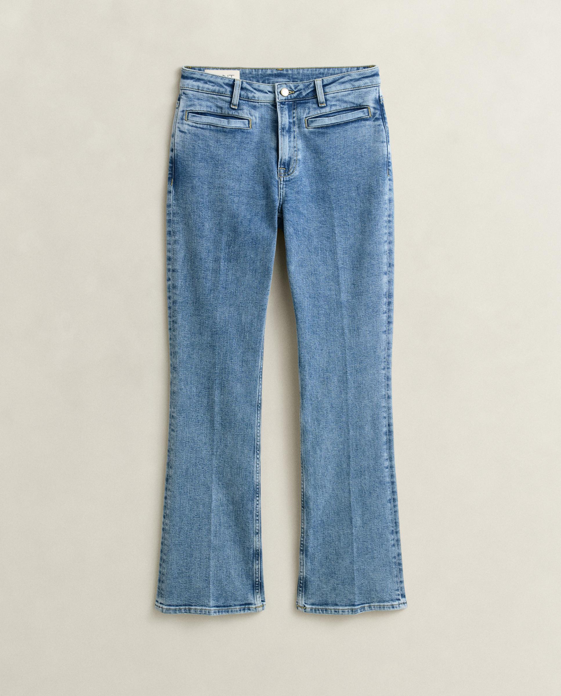 Jeans À Boca de Sino com Monograma de Cintura Subida Azul-5