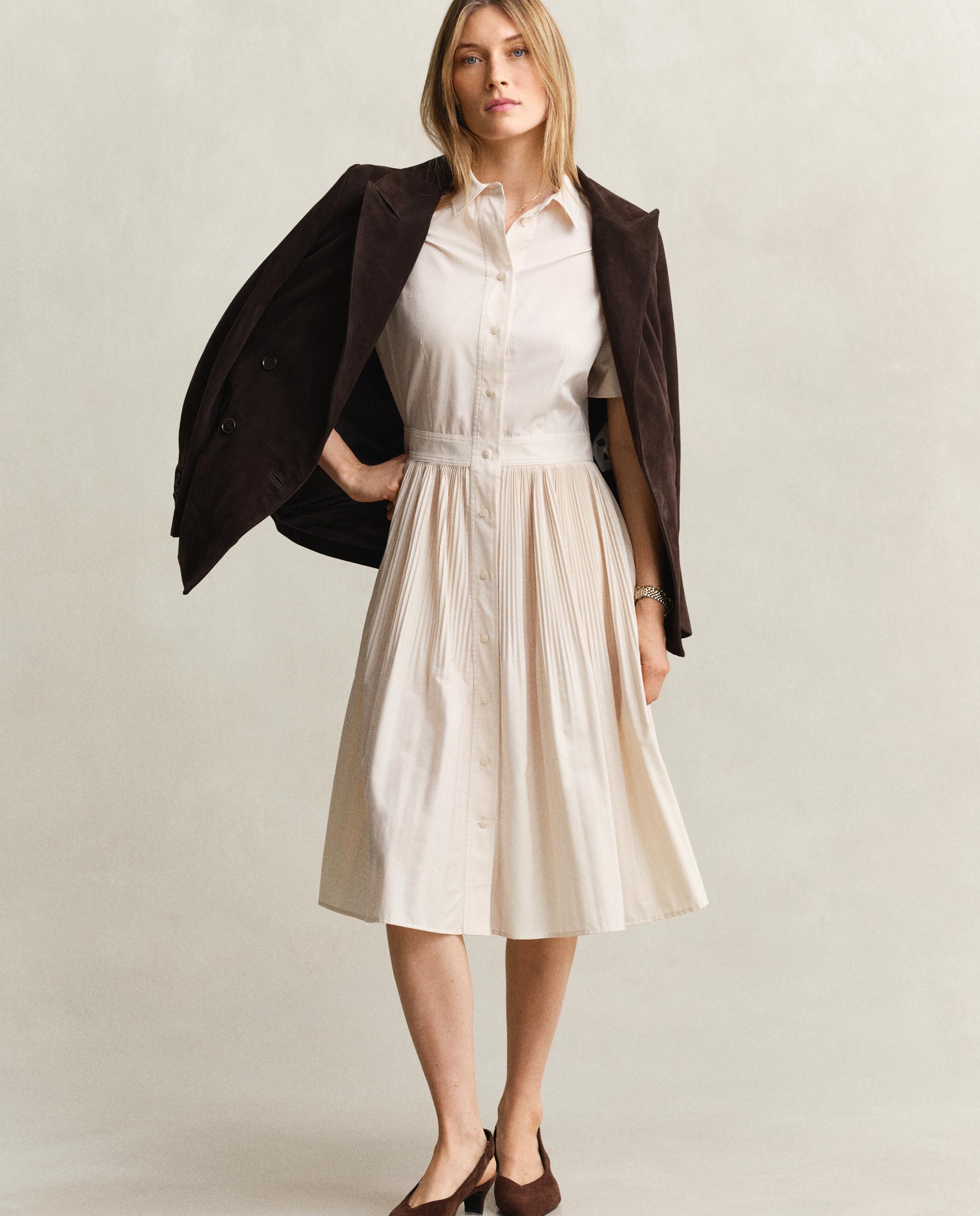 Vestido Tipo Camisa Plissado de Algodão Branco-4