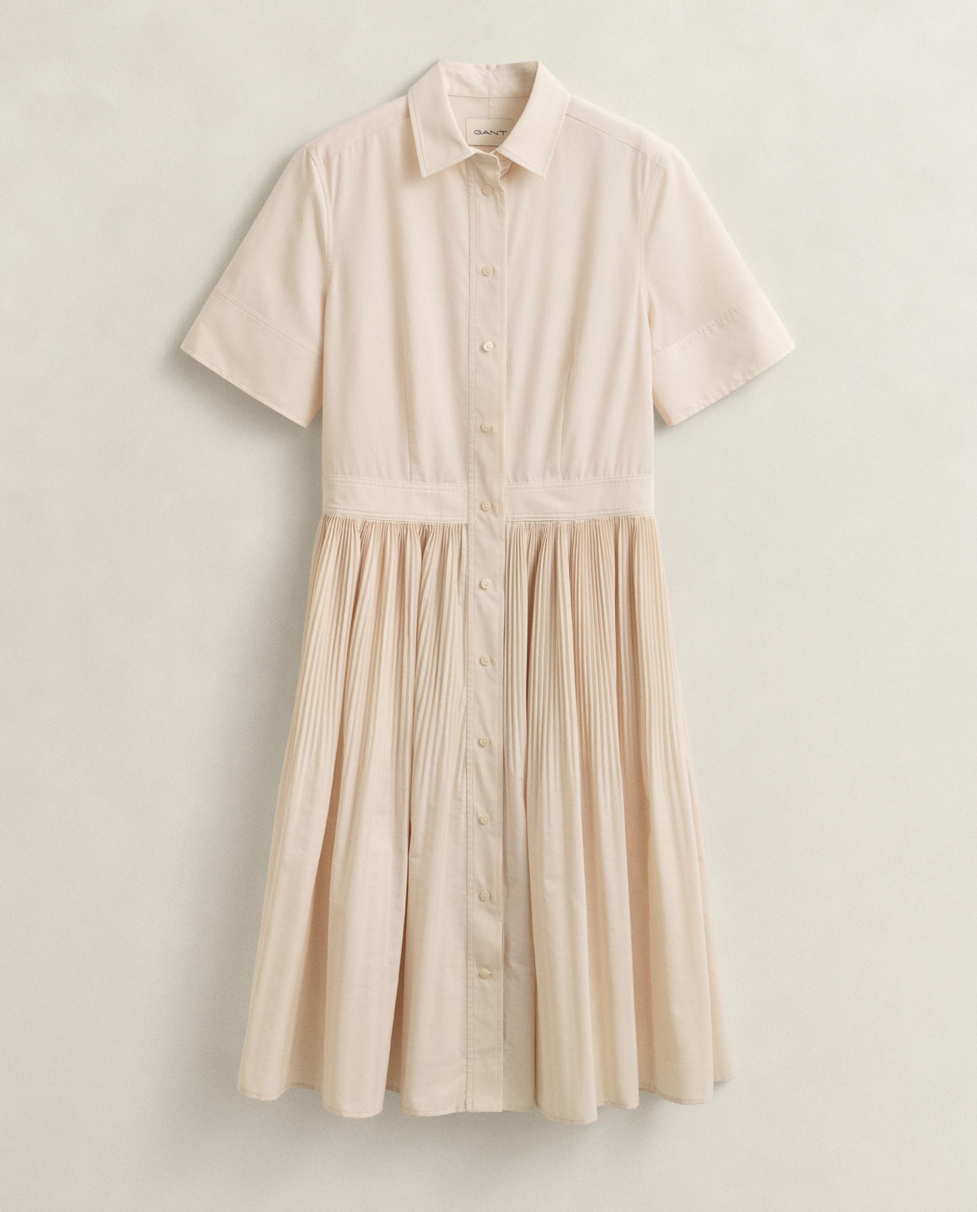 Vestido Tipo Camisa Plissado de Algodão Branco-5