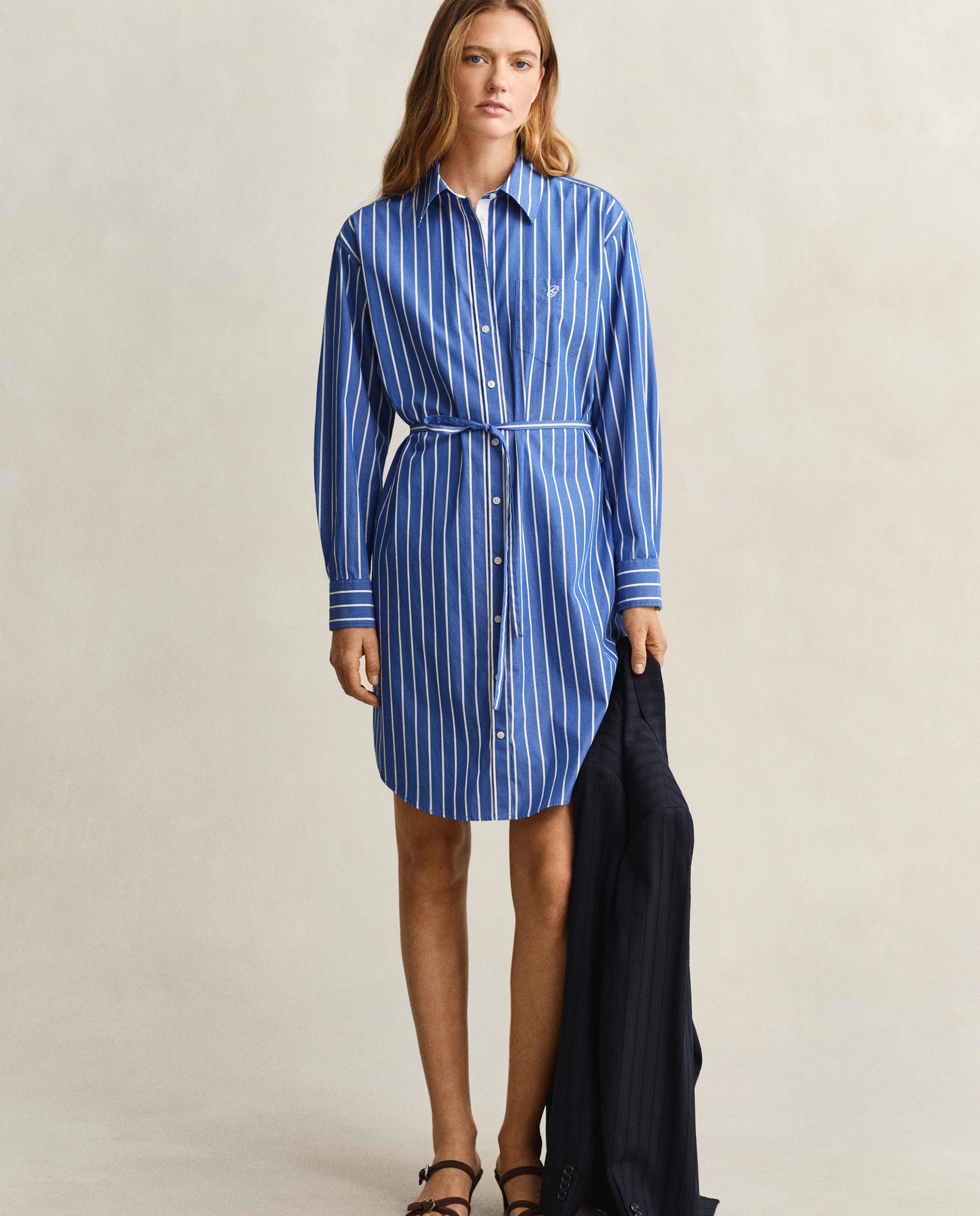 Vestido Clássico de Popelina Às Riscas Azul-4