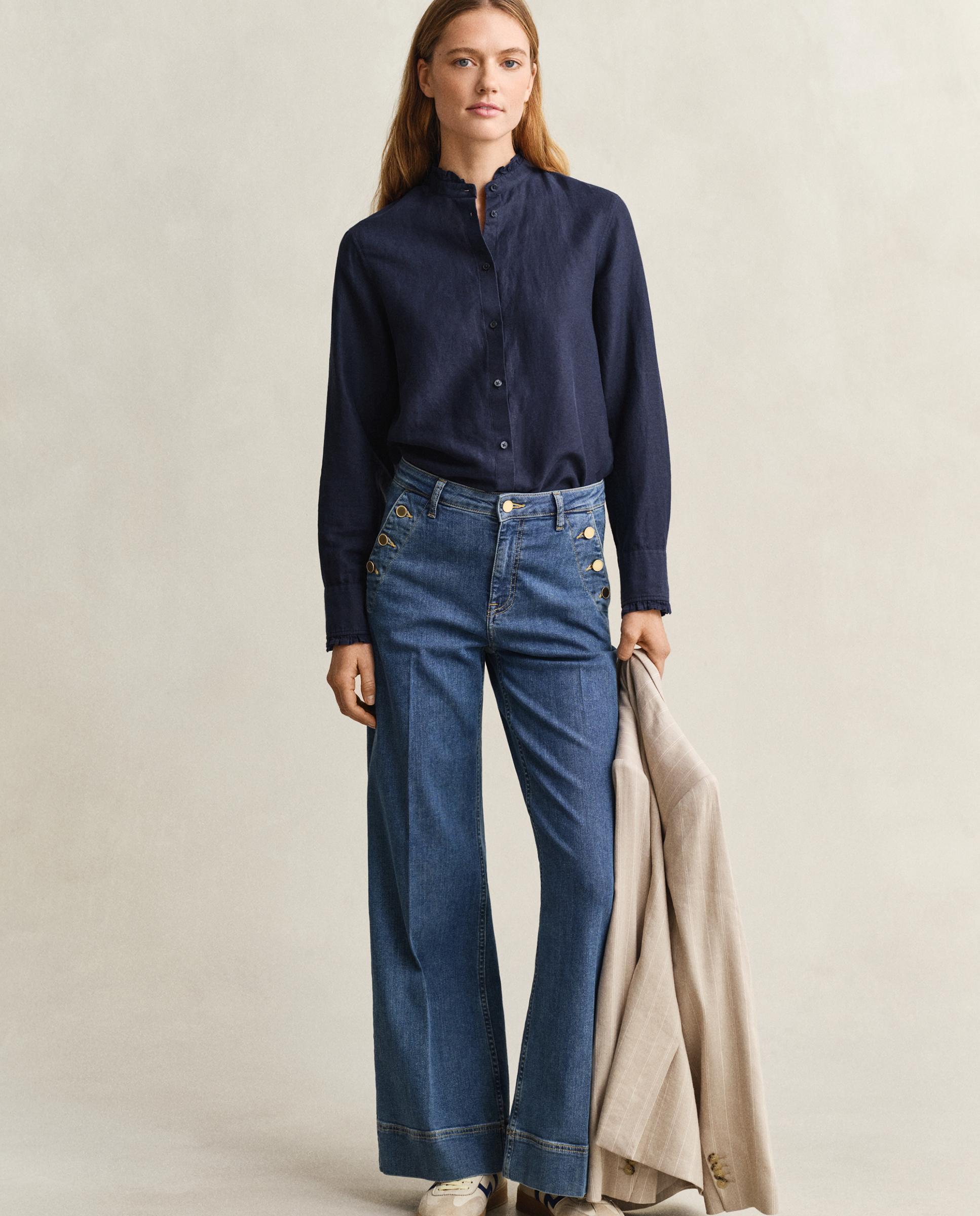 Blusa em Mescla de Linho com Folhos Azul-4