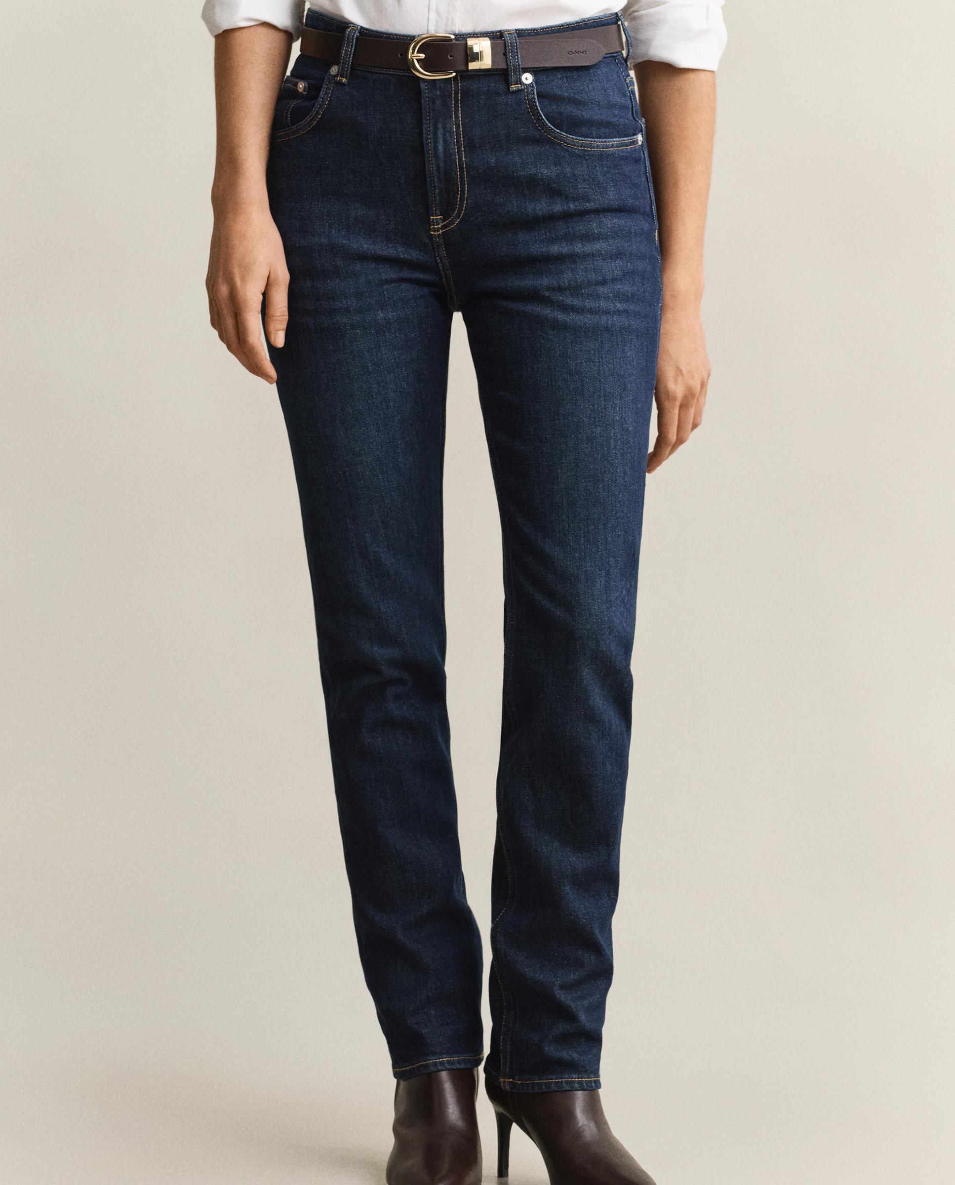 Calças Retas Denim com Botão Azul-3