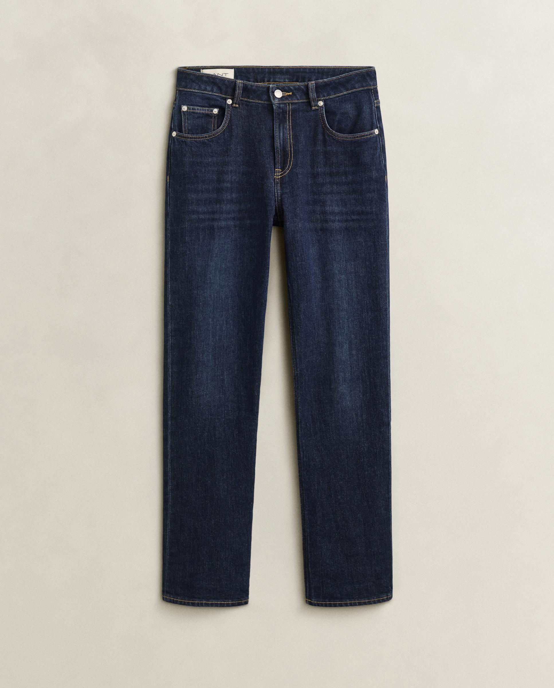 Calças Retas Denim com Botão Azul-5