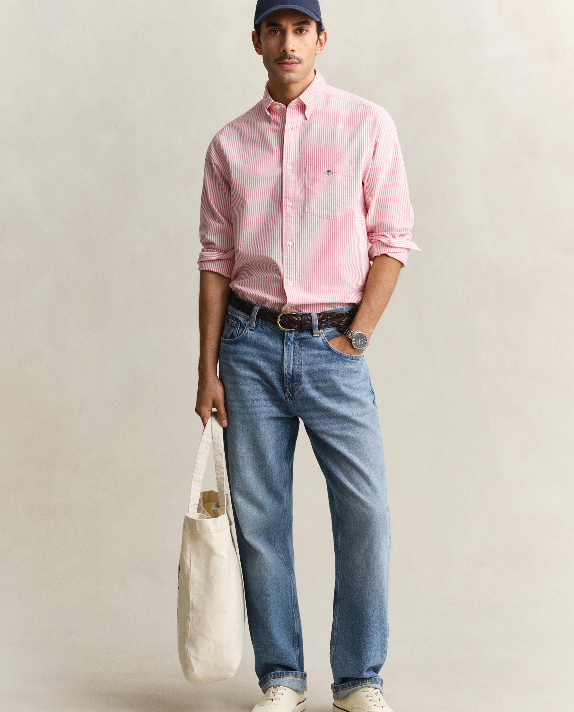 Camisa Oxford Clássica Às Riscas Finas Rosa-4