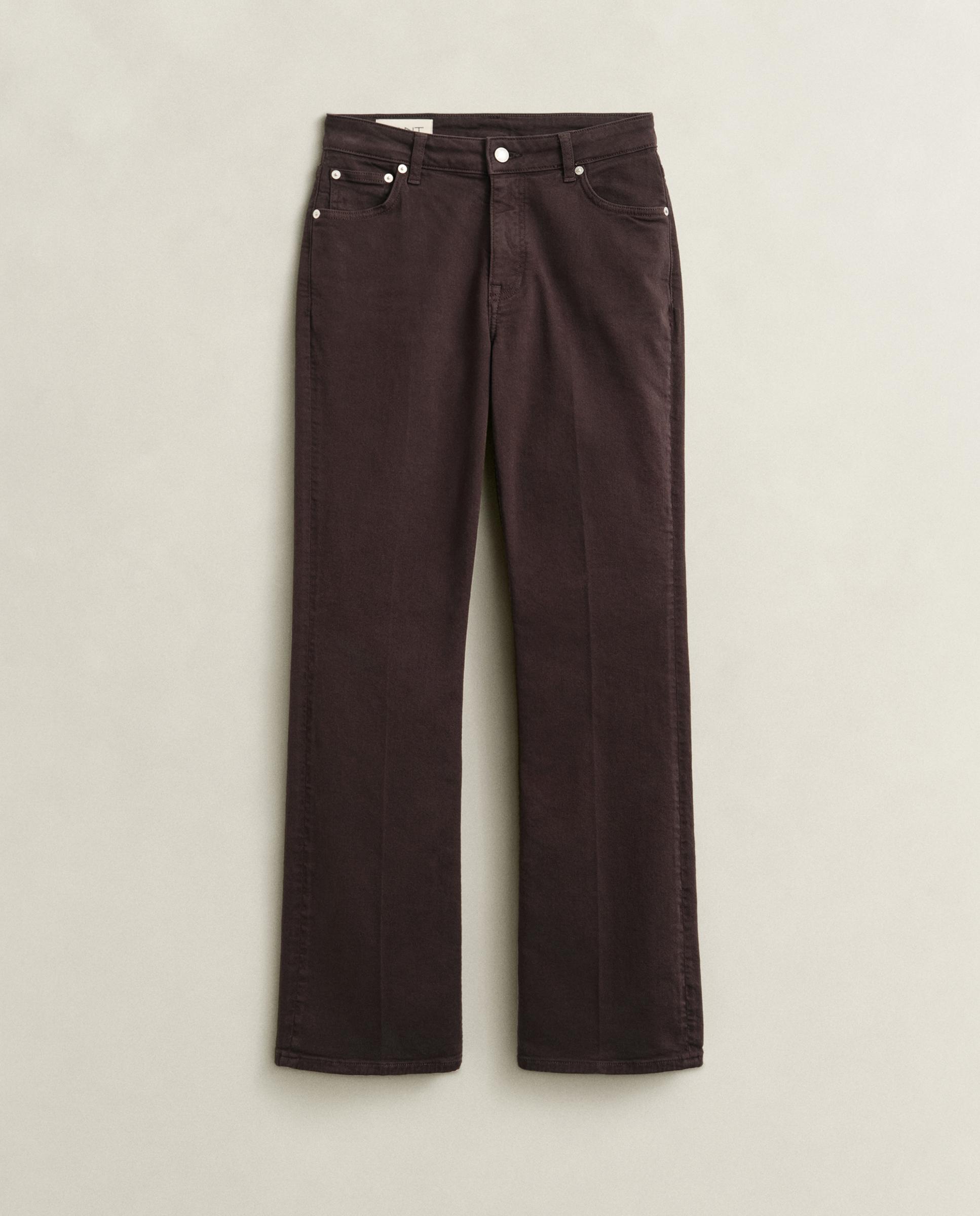 Calças À Boca de Sino Denim com Botão Castanho-4