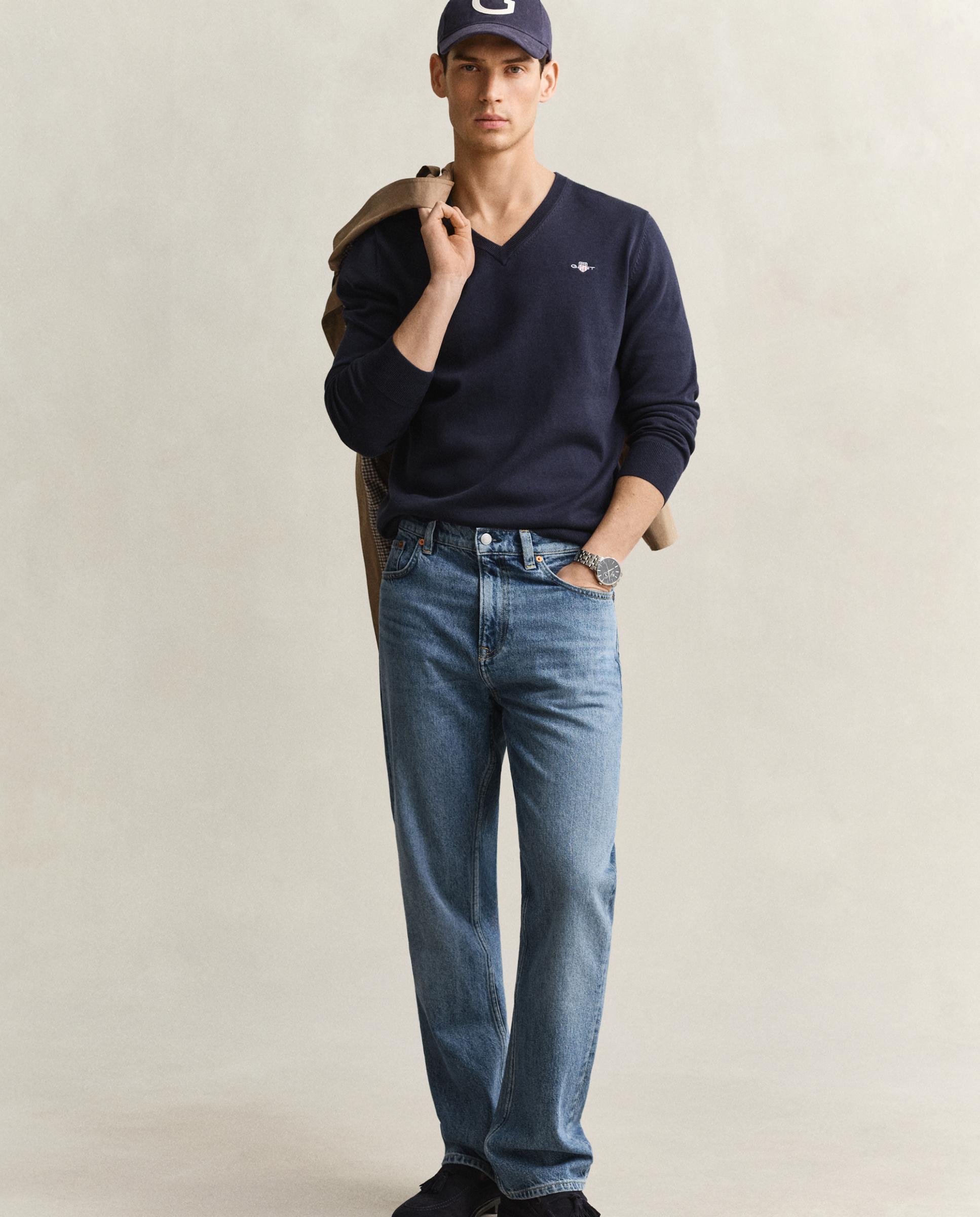 Camisola de Gola em V com Logo Gant no Peito Azul-escuro-4