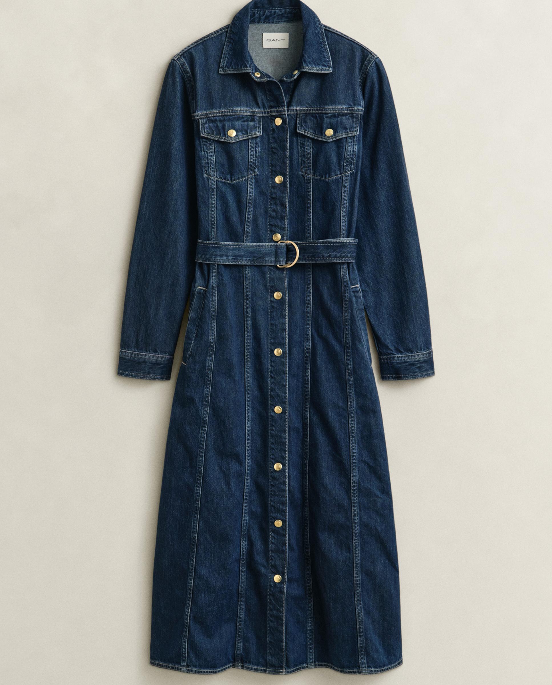 Vestido Jeans de Manga Comprida Azul-5