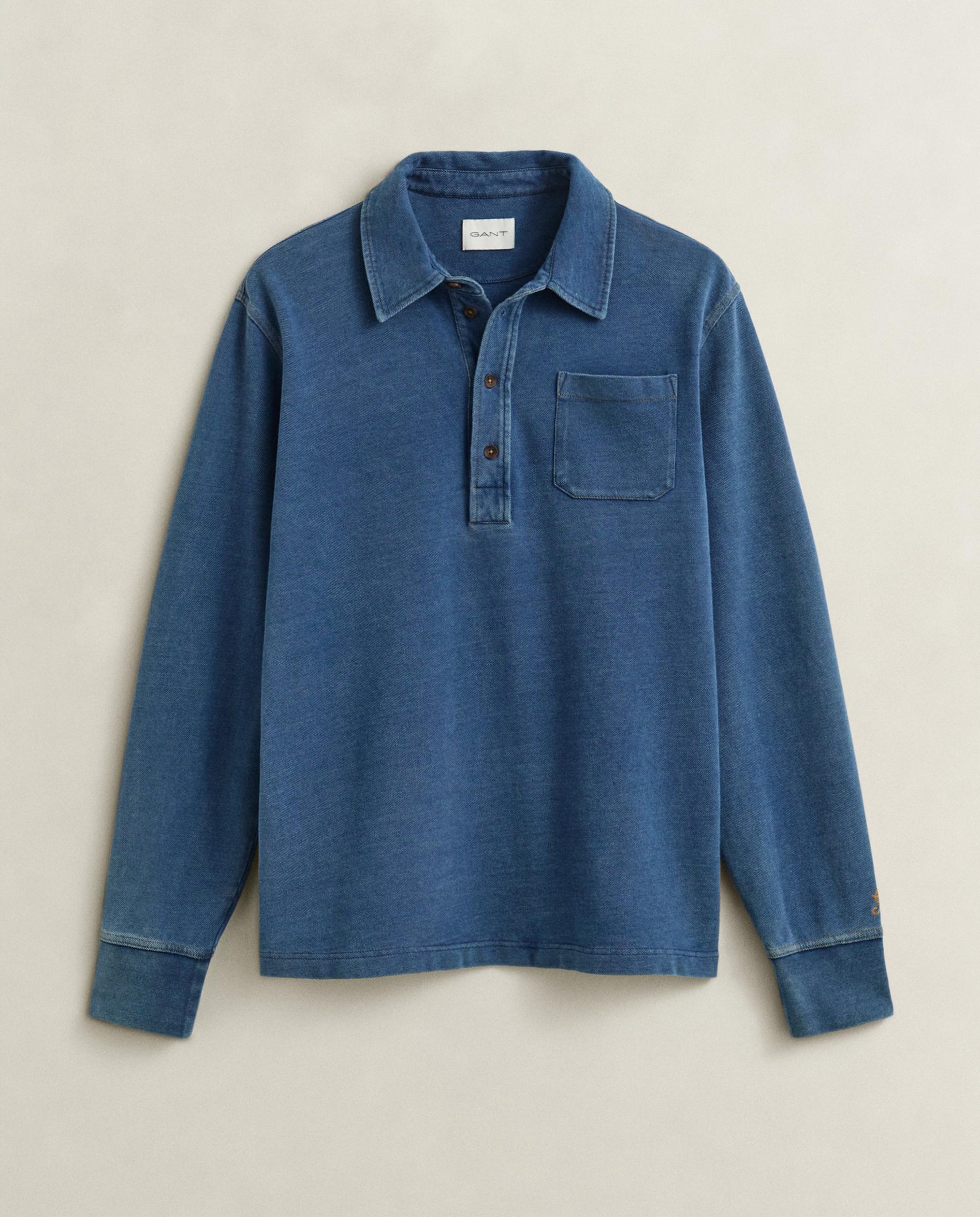 Polo de Manga Comprida Liso Azul-5