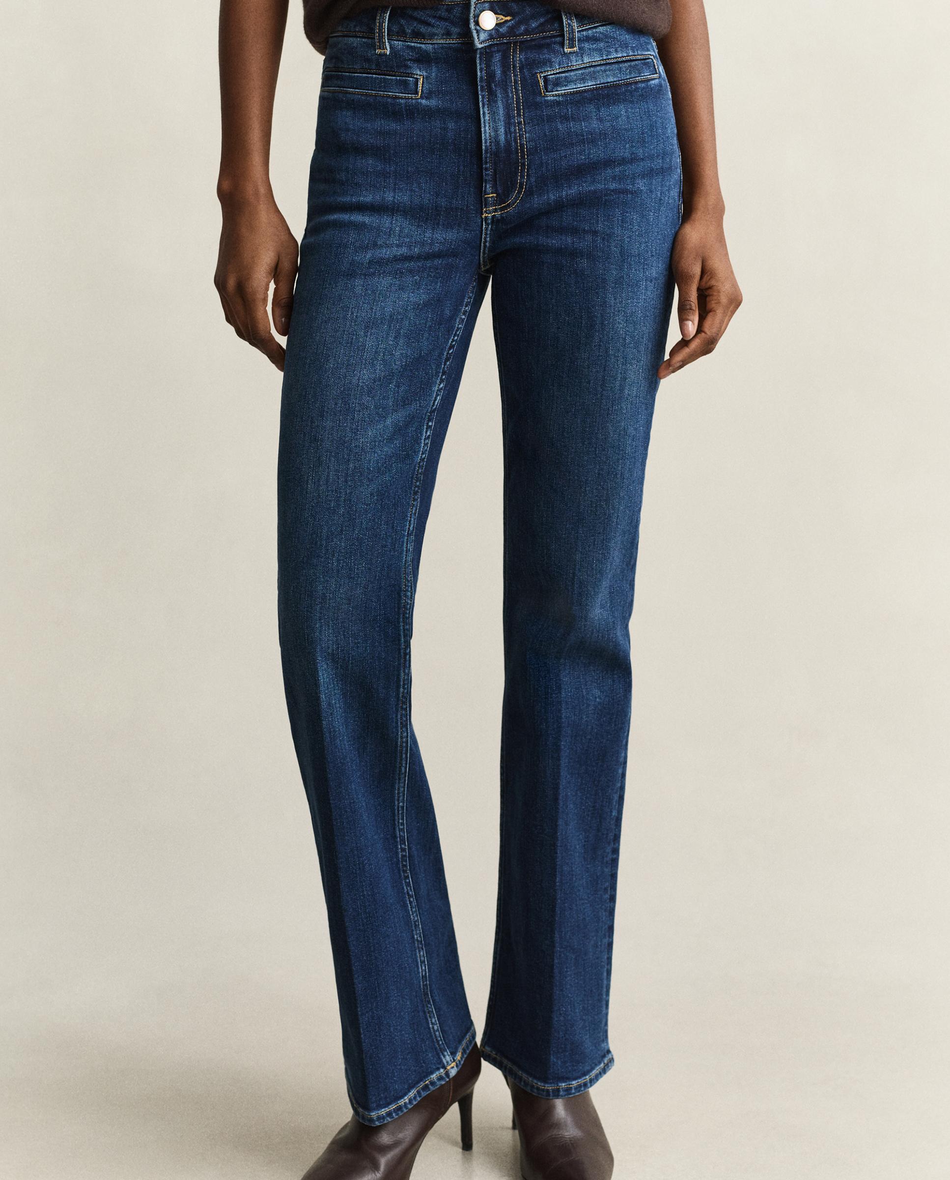 Jeans À Boca de Sino com Bolsos Posteriores com Monograma Azul-2