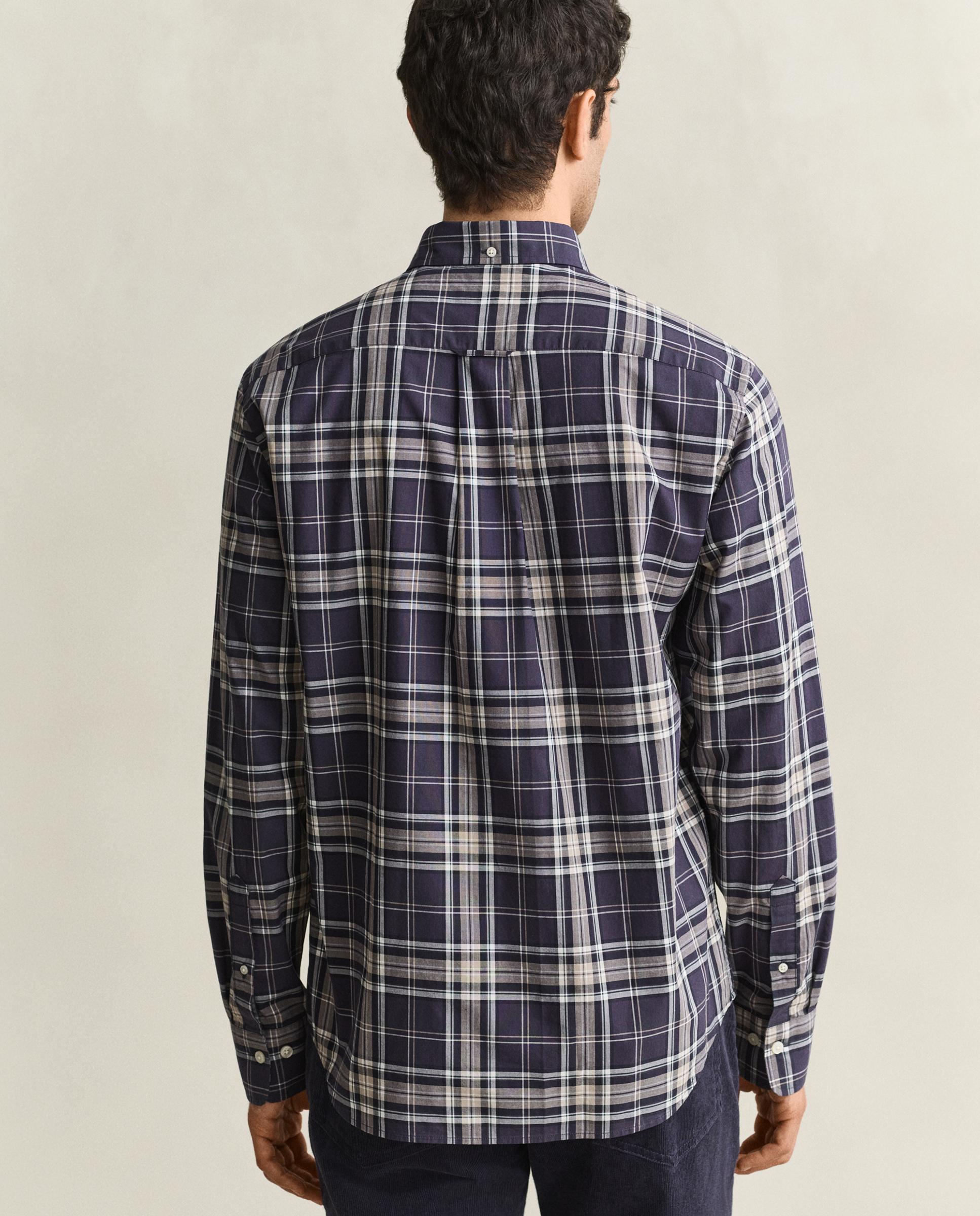 Camisa Aos Quadrados em Popelina com Bainha Curva Azul-3
