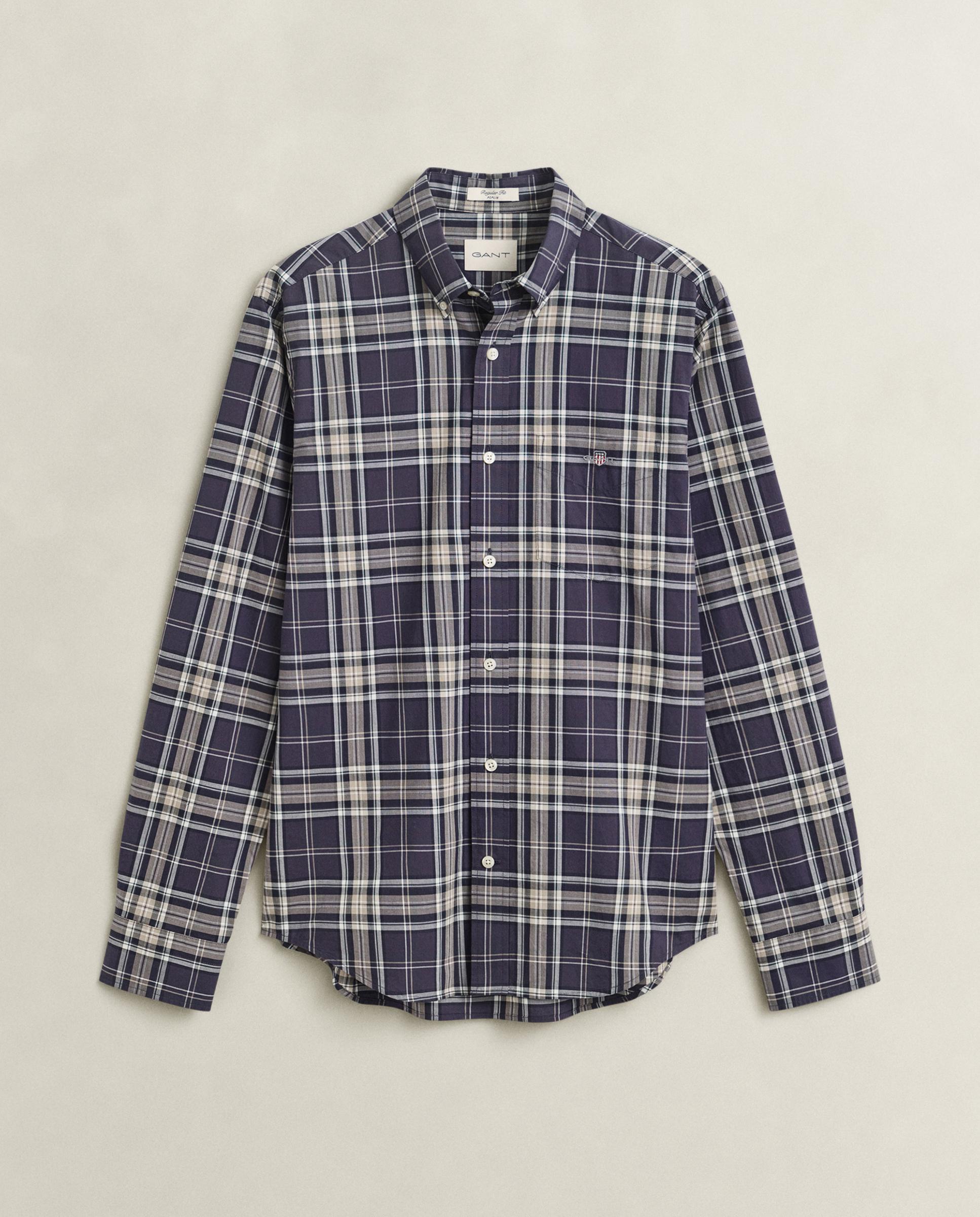 Camisa Aos Quadrados em Popelina com Bainha Curva Azul-5