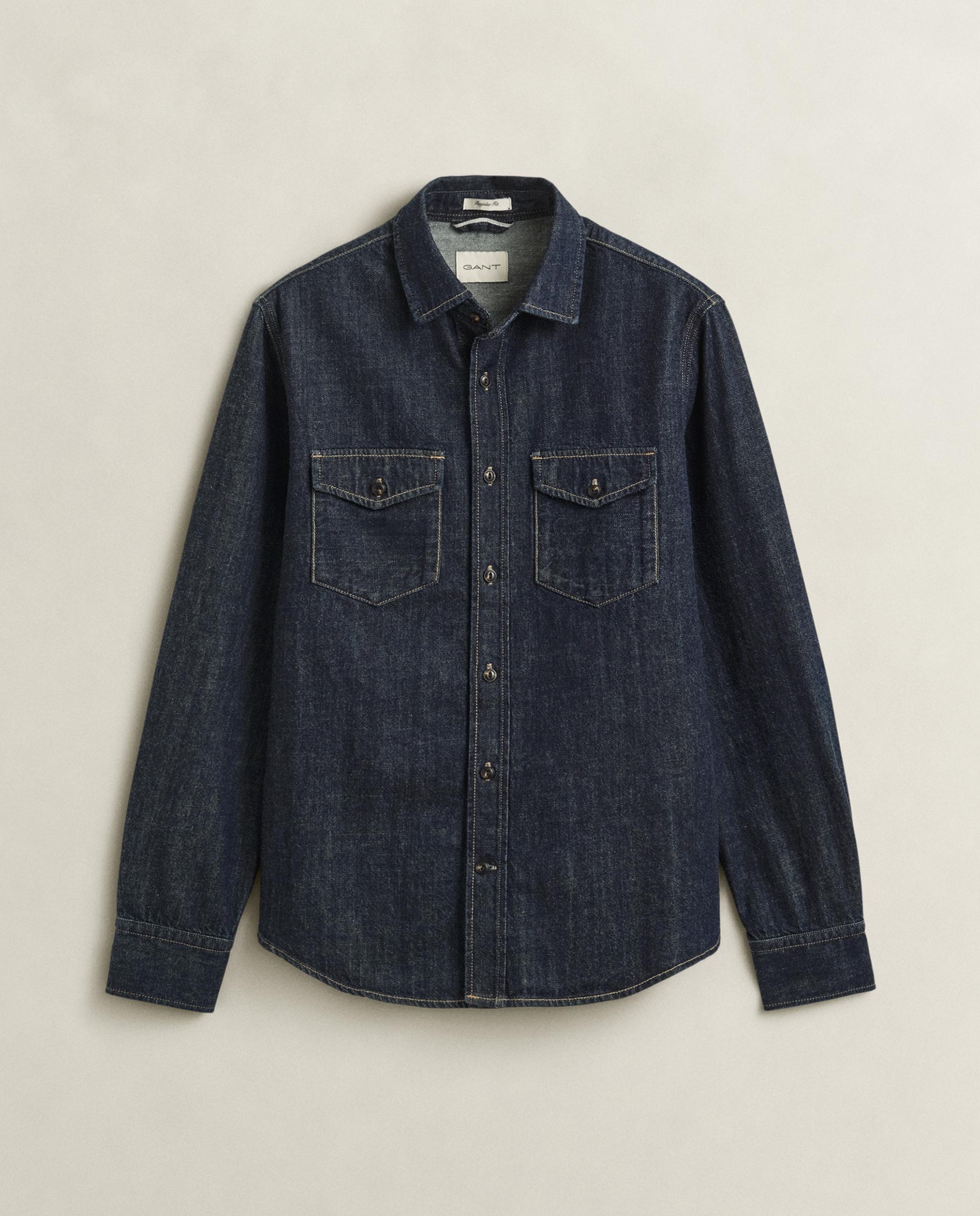 Camisa Jeans com Bolsos no Peito com Aba Abotoada Azul-índigo-4