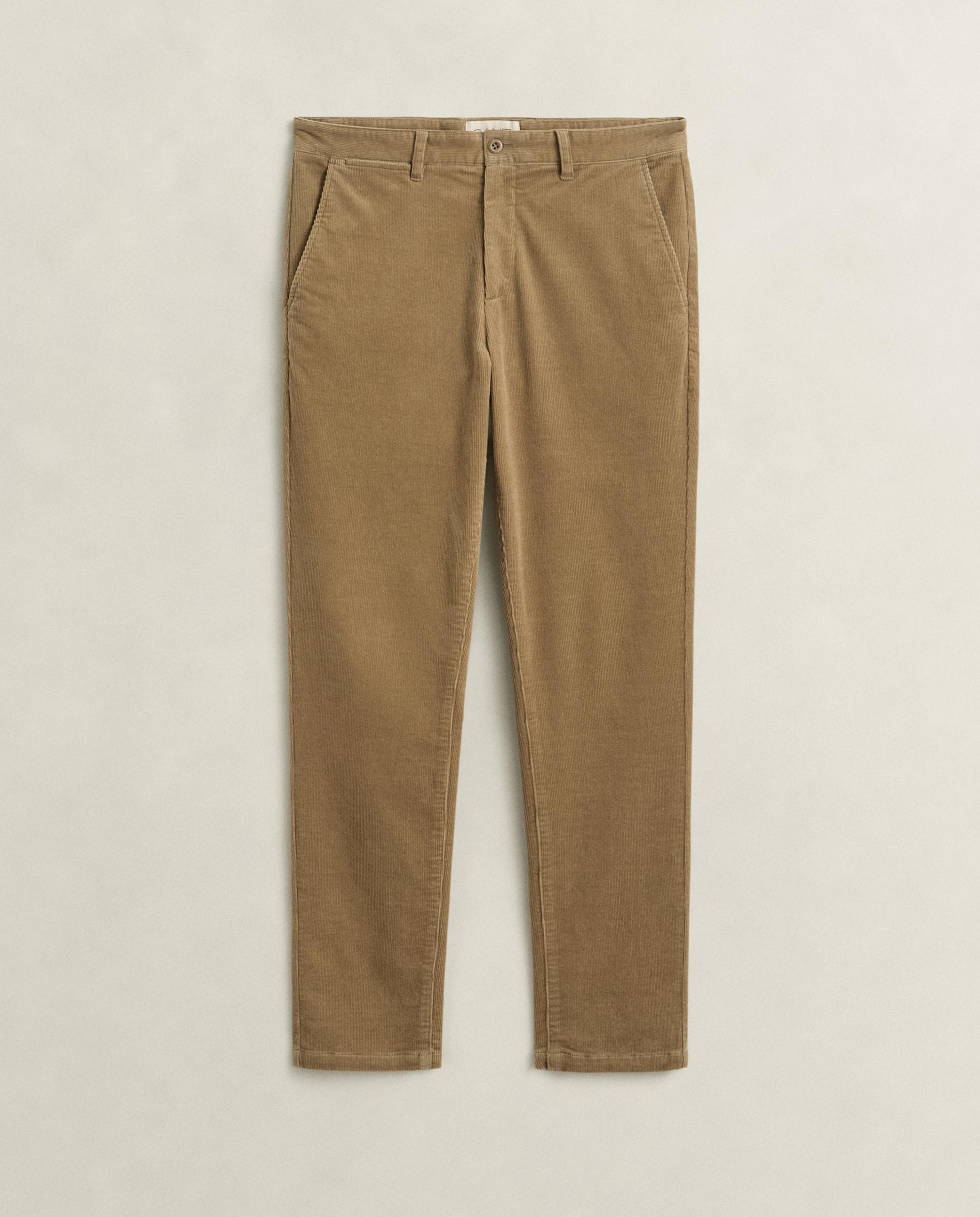 Calças Chino de Corte Slim com Bolsos Posteriores com Debrum Castanho-4