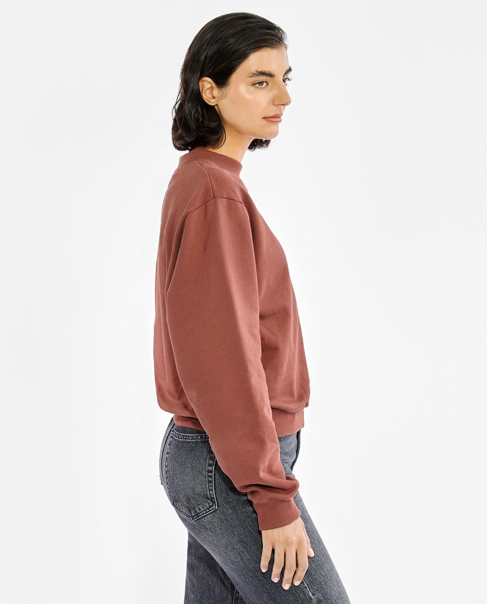 Sweatshirt sem Capuz com Estampado Liso Castanho-escuro-2