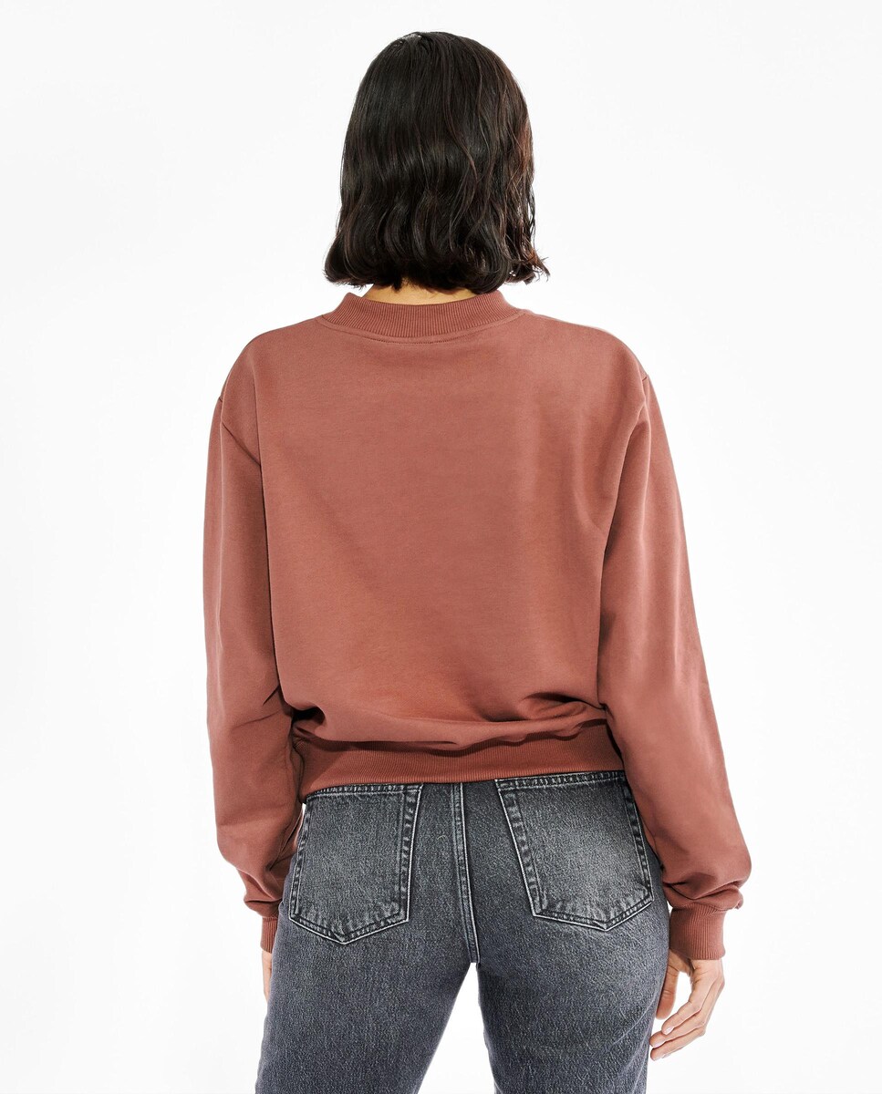 Sweatshirt sem Capuz com Estampado Liso Castanho-escuro-3