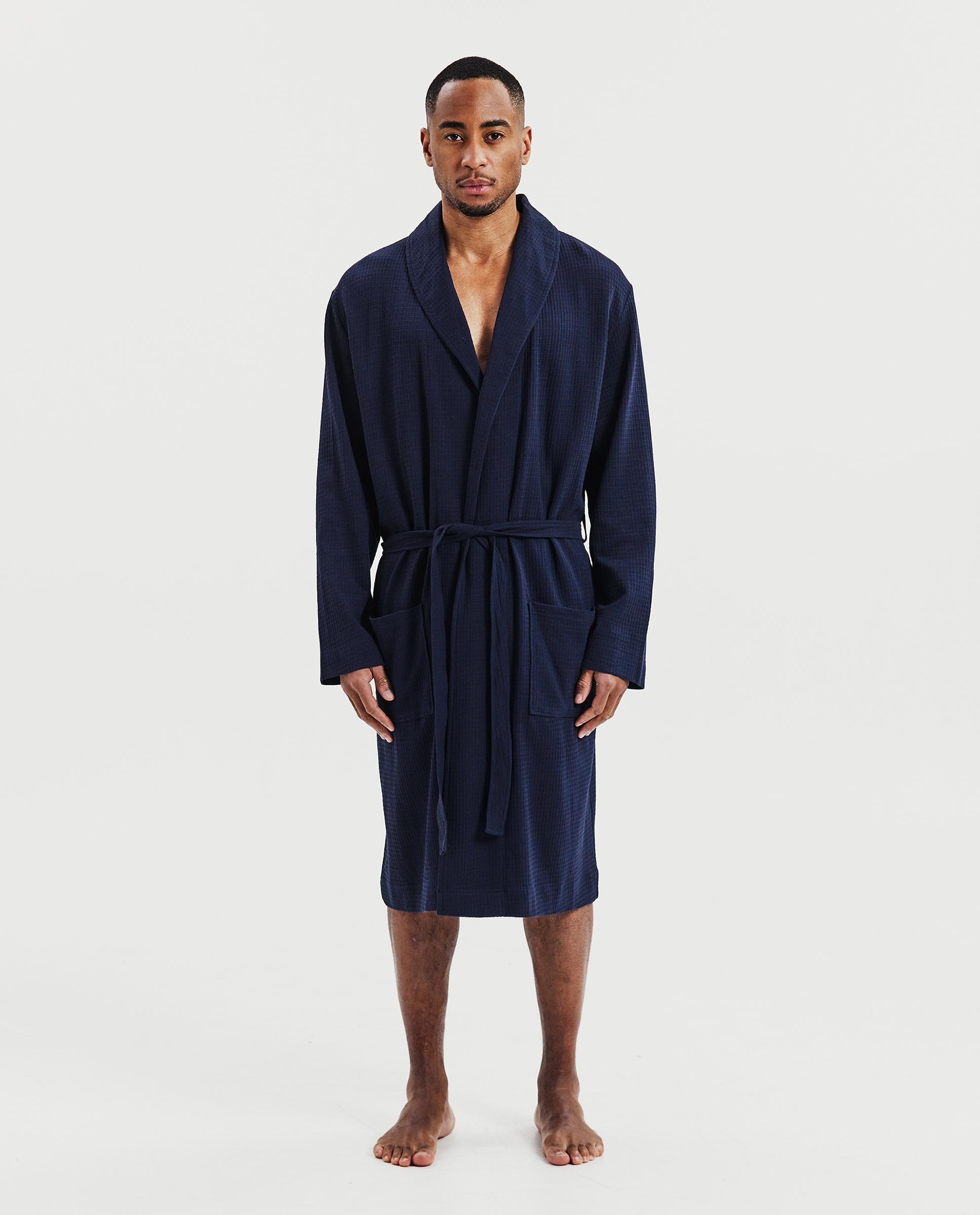Robe Cruzado de Algodão de Malha Gofrada Azul-marinho-3