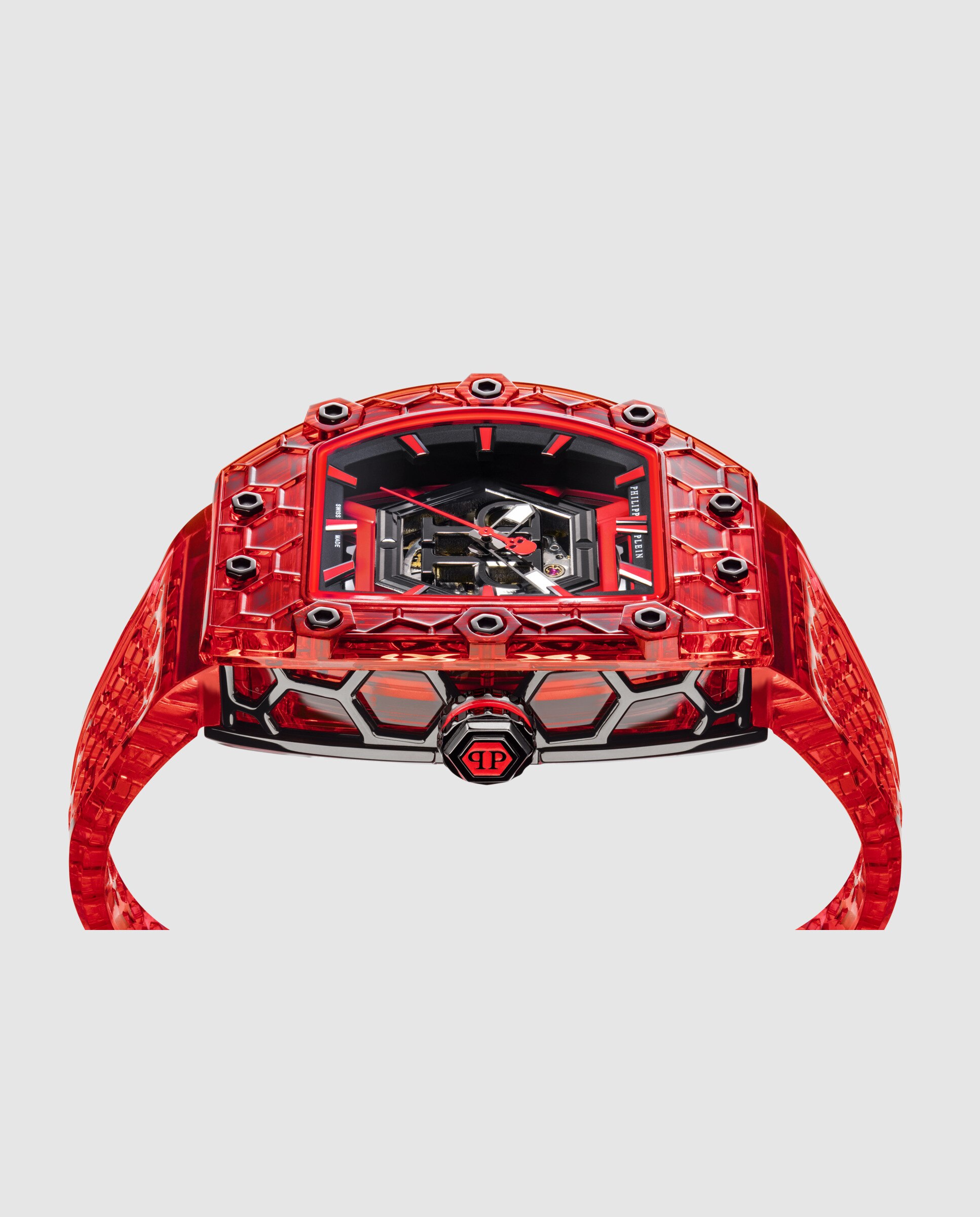 Relógio Crypto King Hexagon Pwqaa1124 Automático de Pu Transparente e Correia Vermelha Vermelho-2