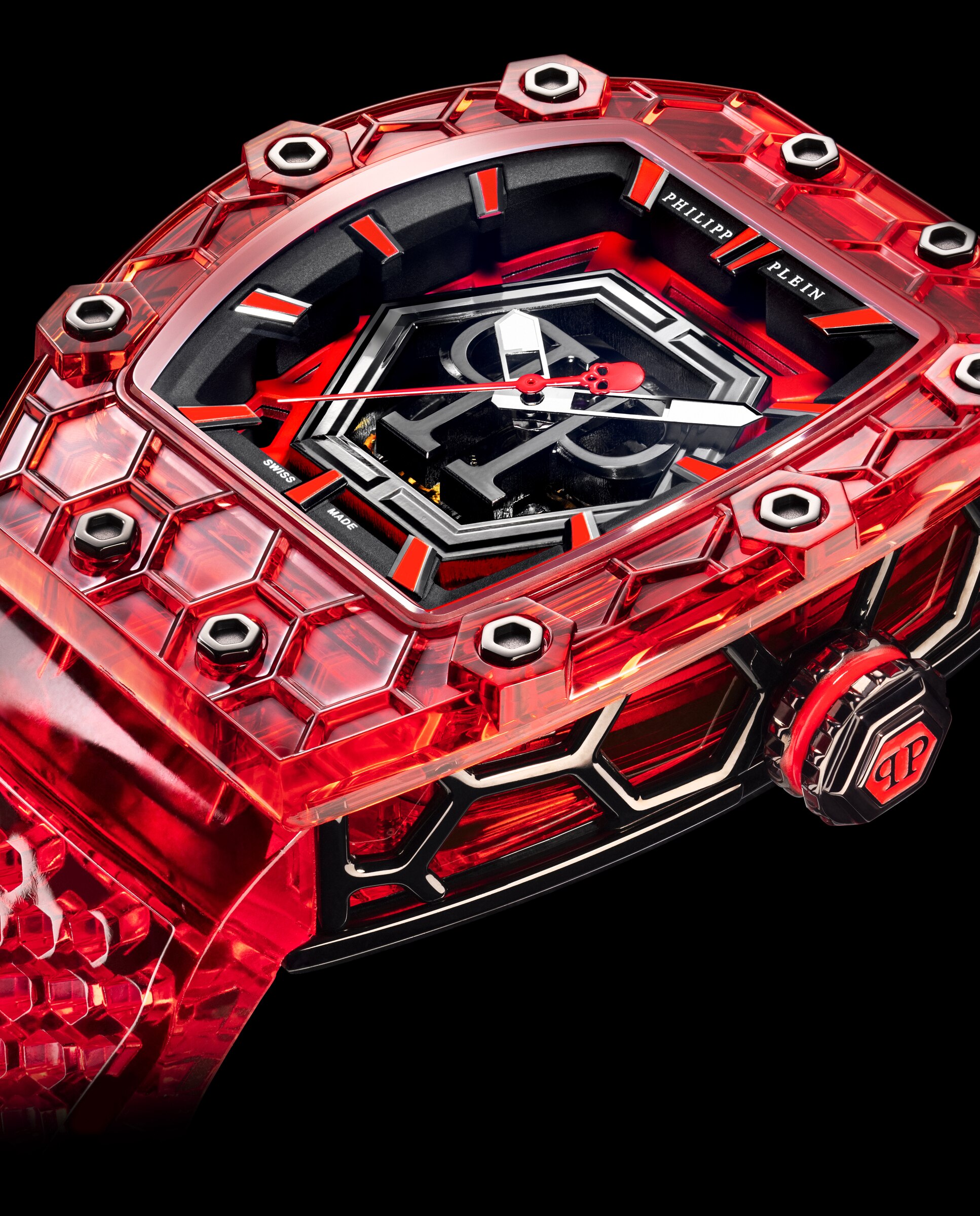 Relógio Crypto King Hexagon Pwqaa1124 Automático de Pu Transparente e Correia Vermelha Vermelho-3