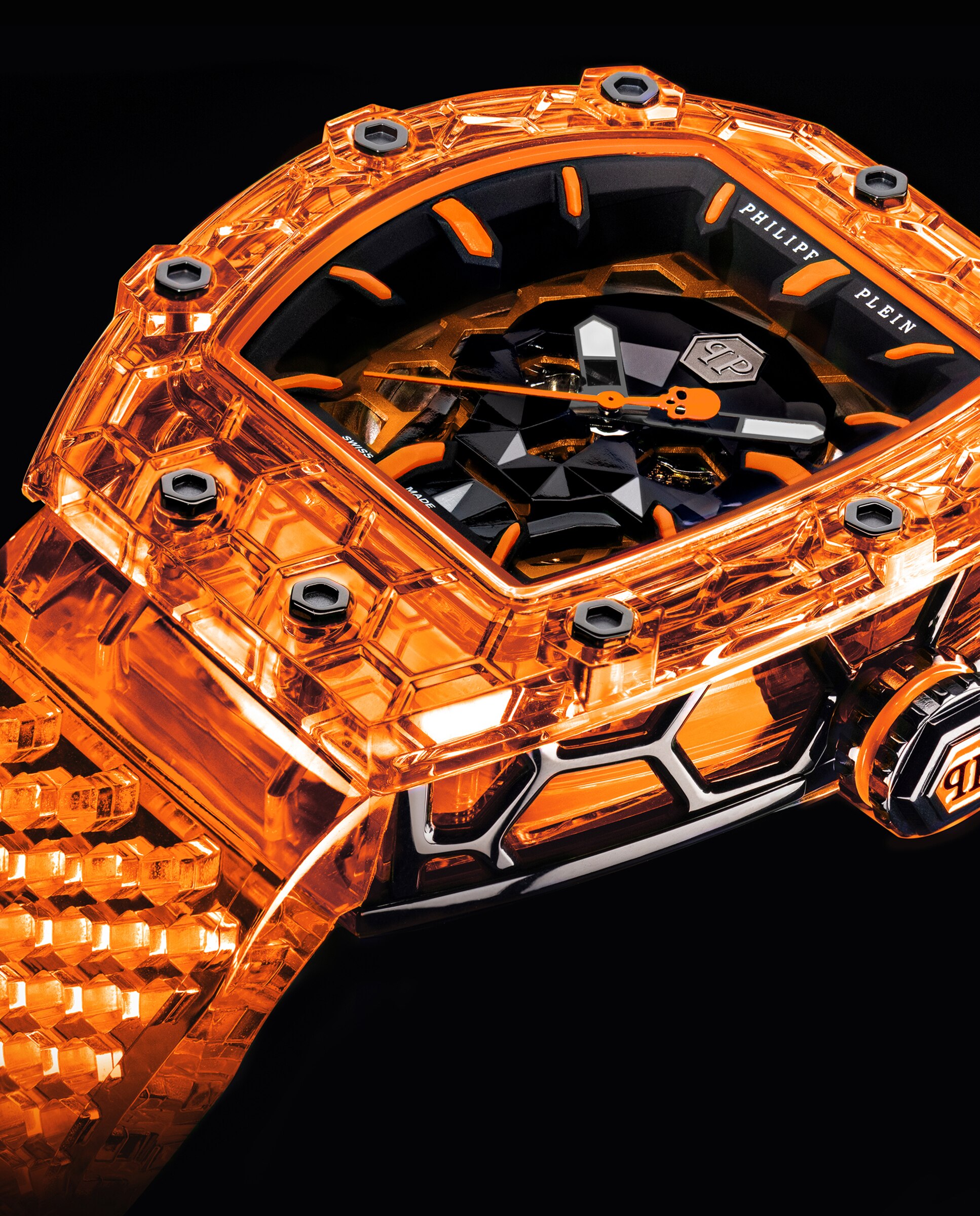 Relógio Crypto King Pwqaa1325 Automático de Pu Transparente e Bracelete Transparente Laranja-2