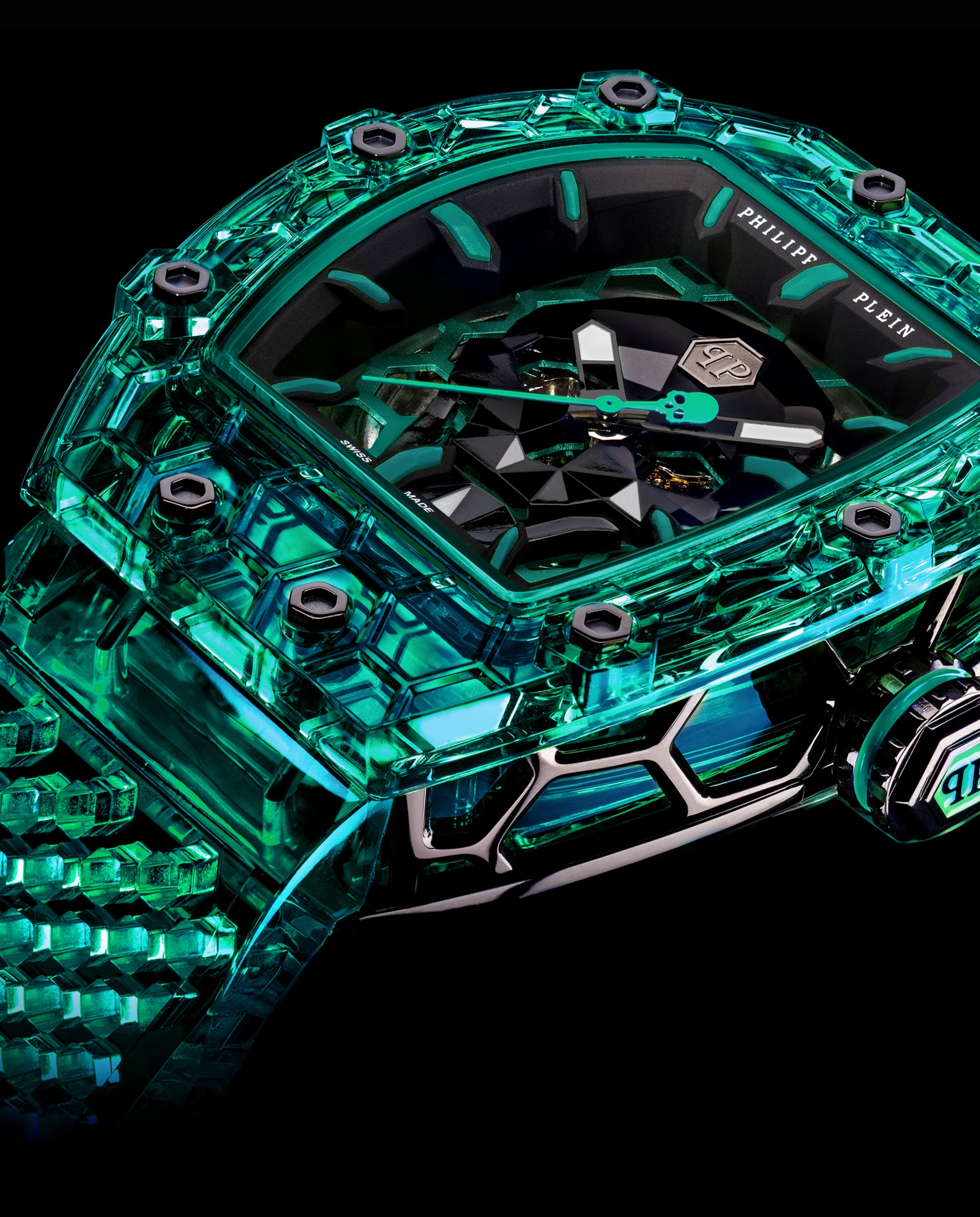 Relógio Crypto King Pwqaa1425 Automático de Pu Transparente e Bracelete Verde Verde-2