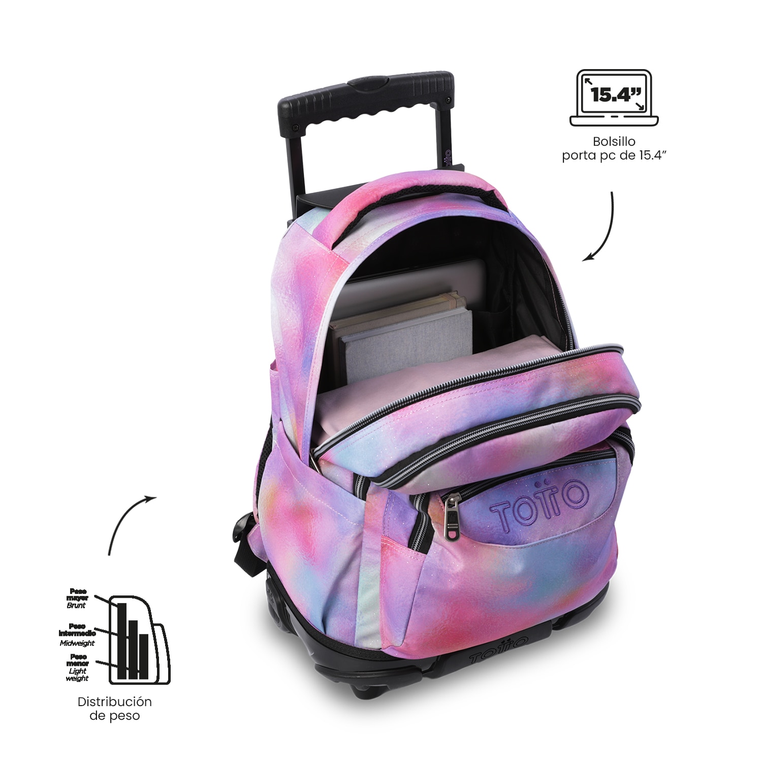 Mochila Escolar com Rodas Totto Renglones Glitter Rosa-6