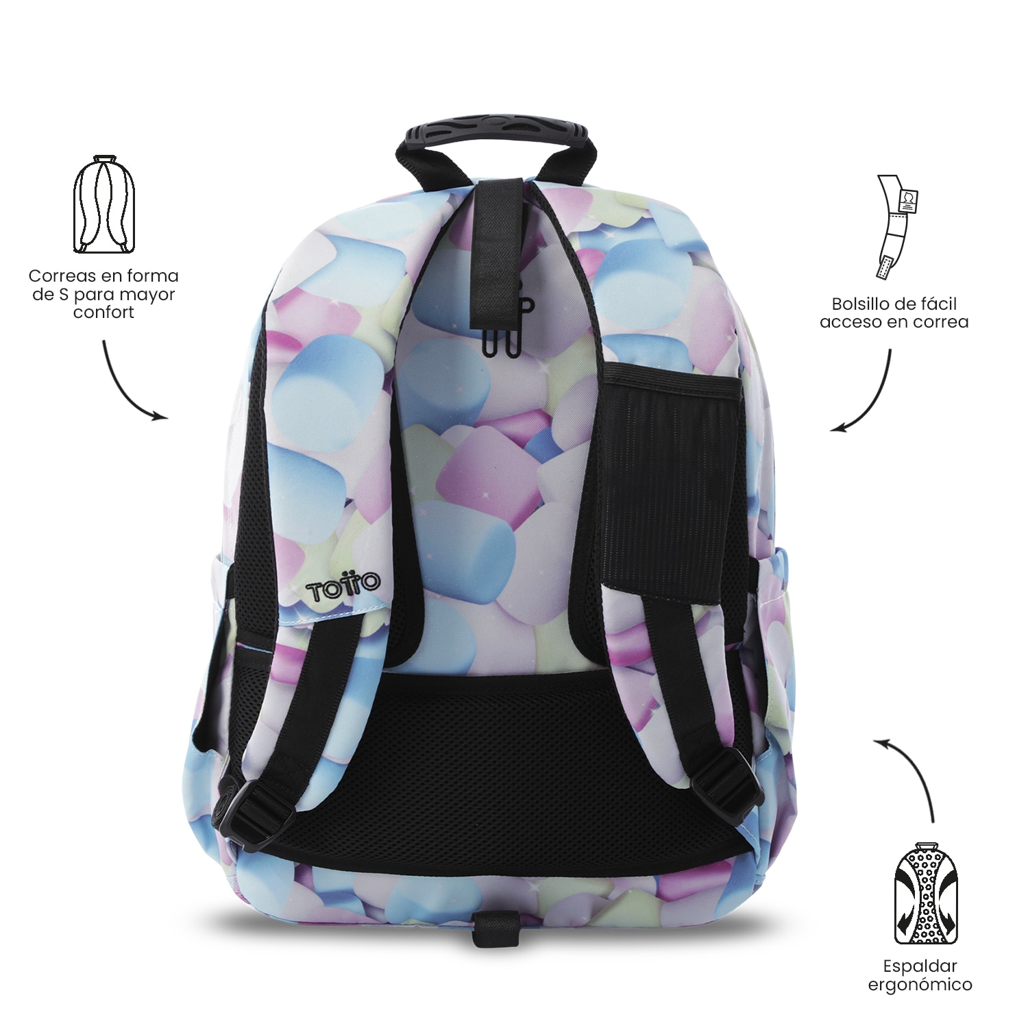 Mochila Escolar Totto Acuareles Glitter Spong para Portátil de 14” e Adaptável a Carro Azul-4