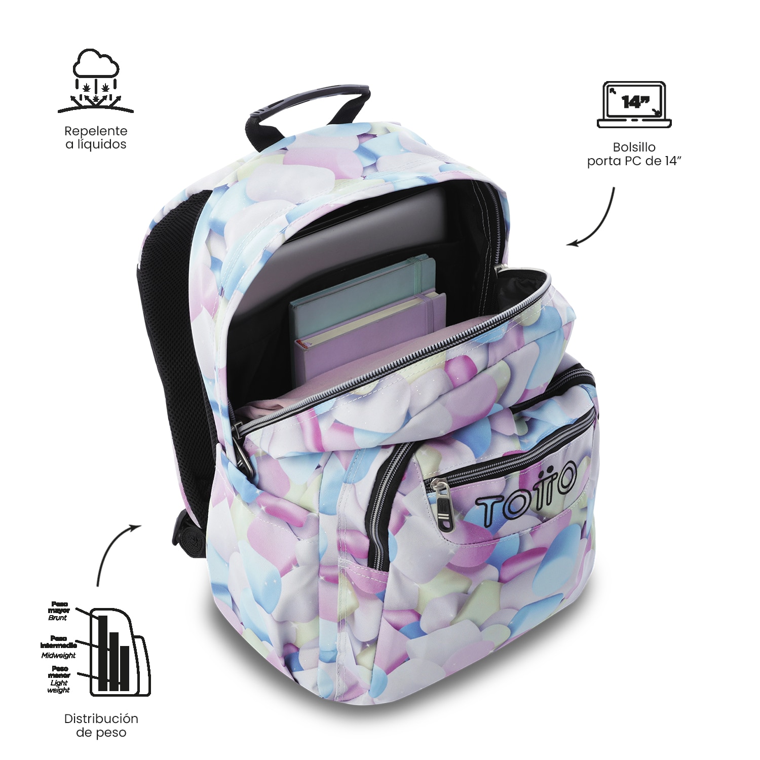 Mochila Escolar Totto Acuareles Glitter Spong para Portátil de 14” e Adaptável a Carro Azul-5