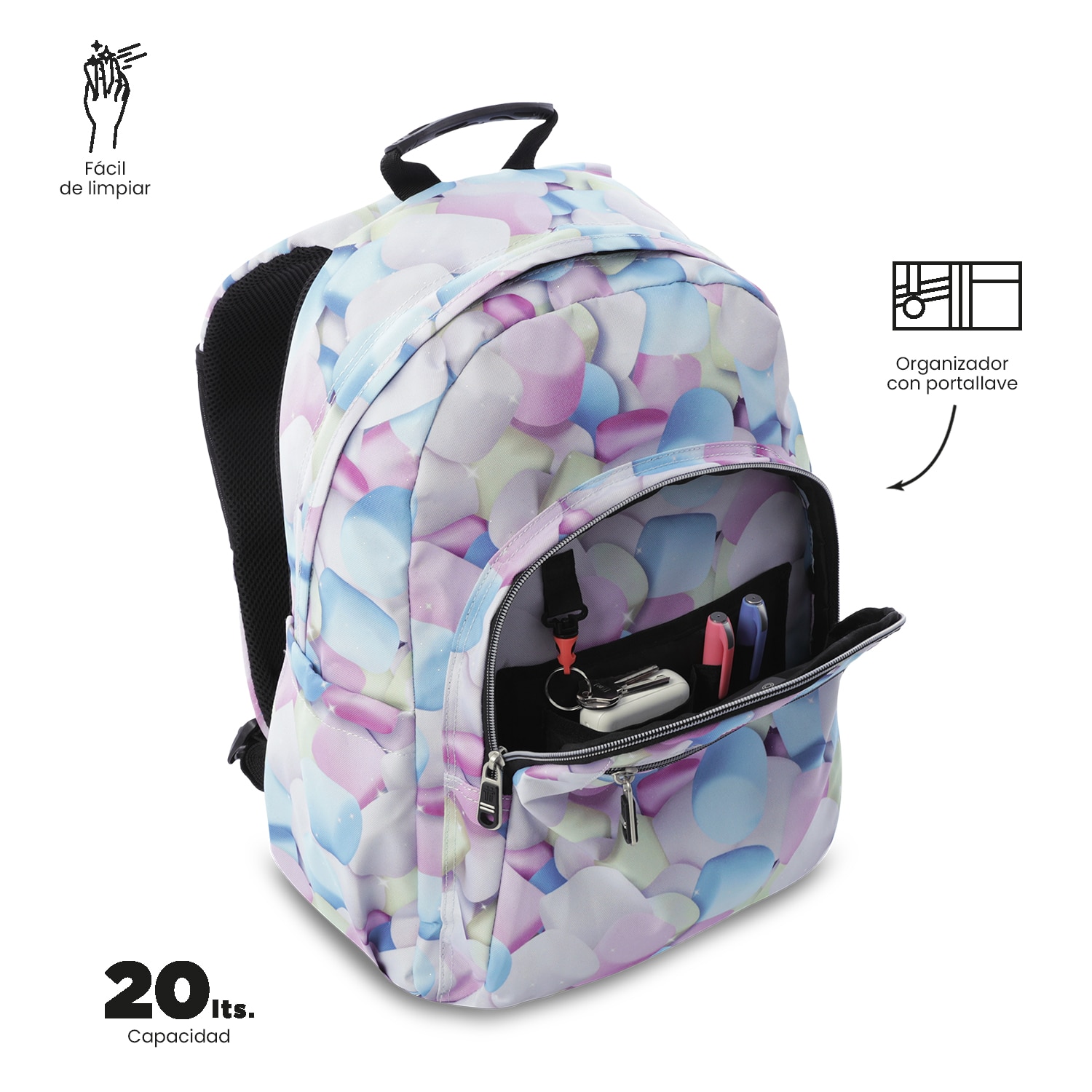Mochila Escolar Totto Acuareles Glitter Spong para Portátil de 14” e Adaptável a Carro Azul-6
