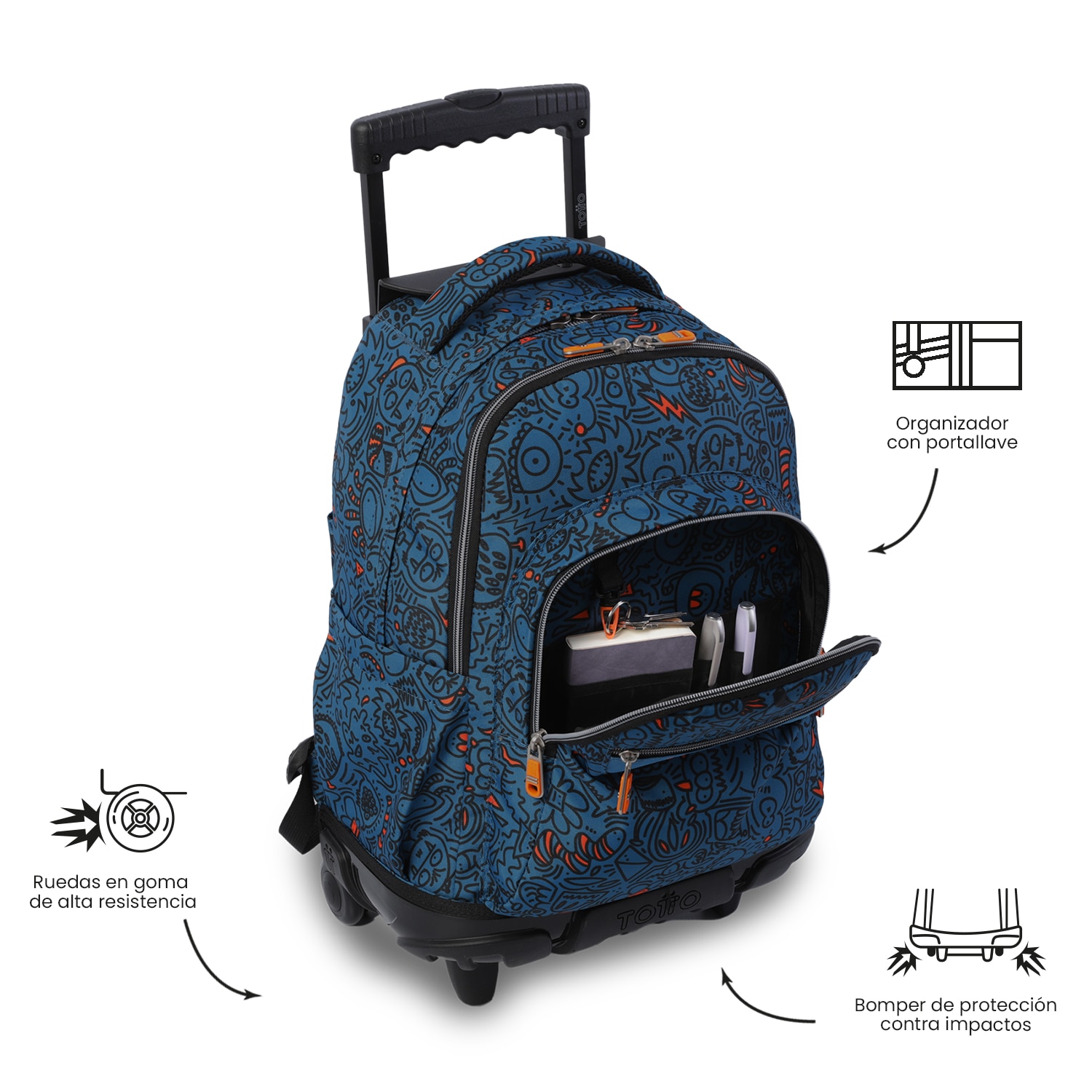 Mochila Escolar com Rodas Totto Renglones Azul-6