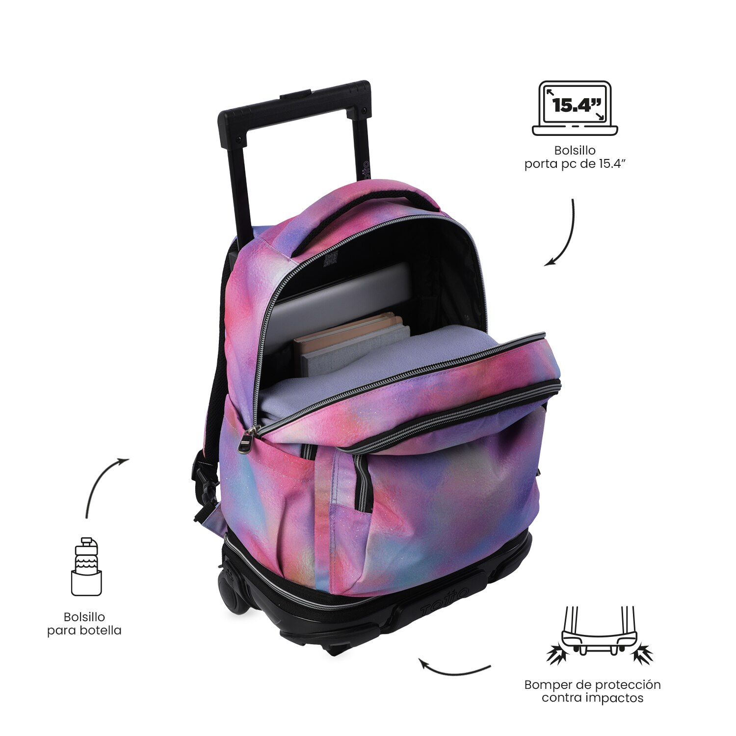 Mochila Escolar com Rodas Totto Tiza Glitter Rosa-8