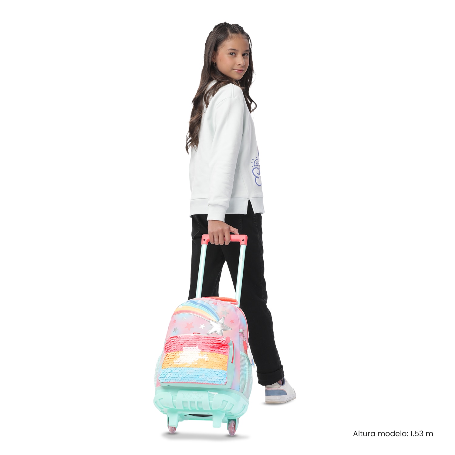 Mochila Infantil com Rodas Totto Rainbow Star M Rosa-3