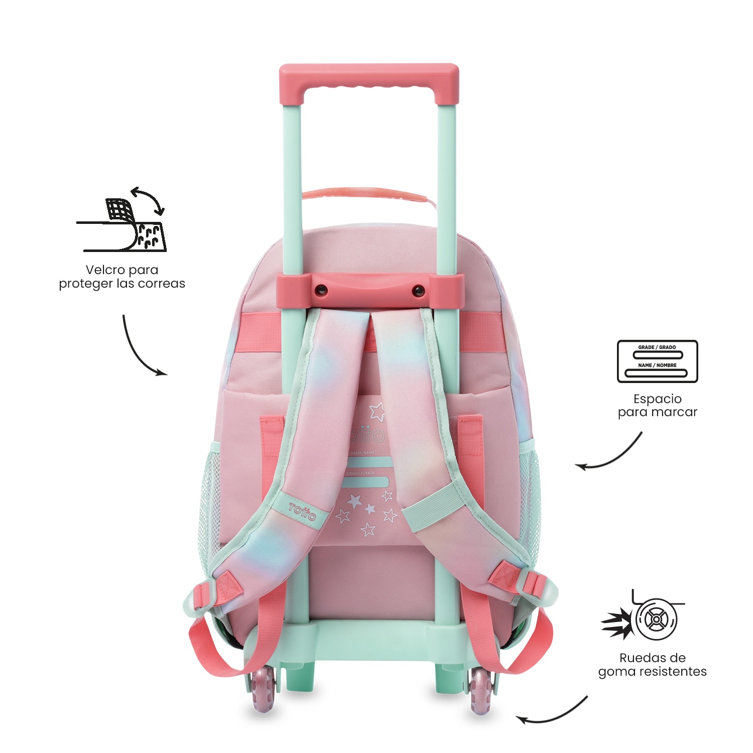 Mochila Infantil com Rodas Totto Rainbow Star M Rosa-4
