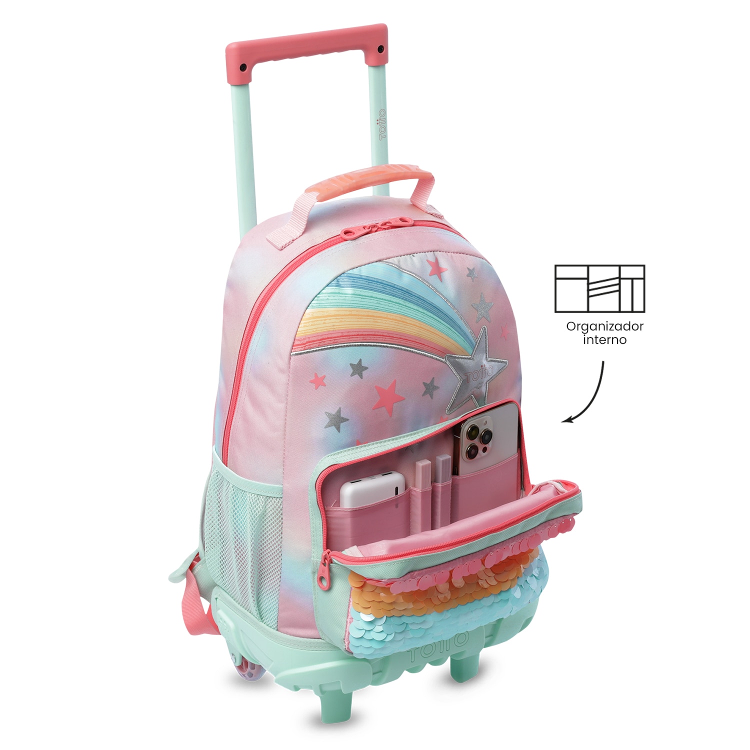Mochila Infantil com Rodas Totto Rainbow Star M Rosa-6