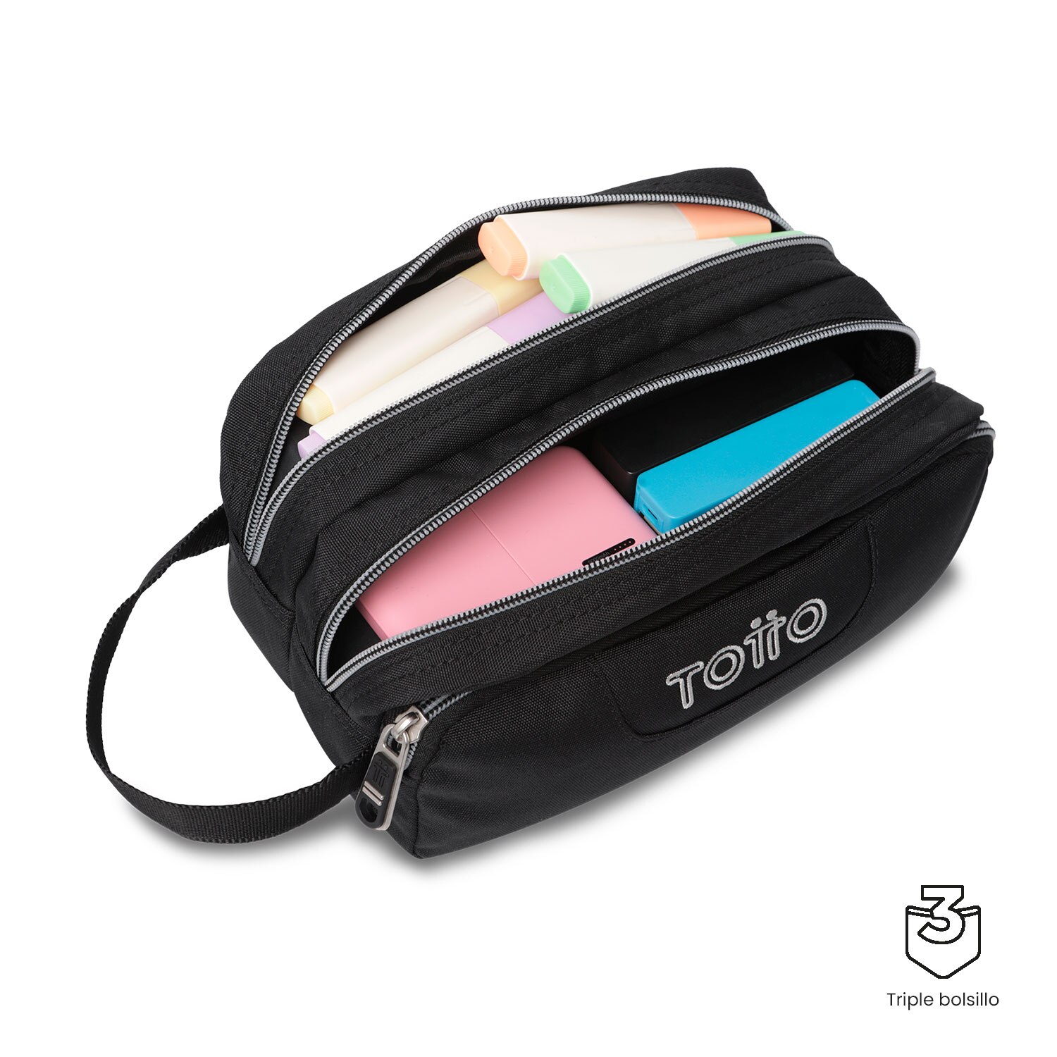 Estojo Totto Agapec Ecole Solid com 3 Compartimentos Preto-3