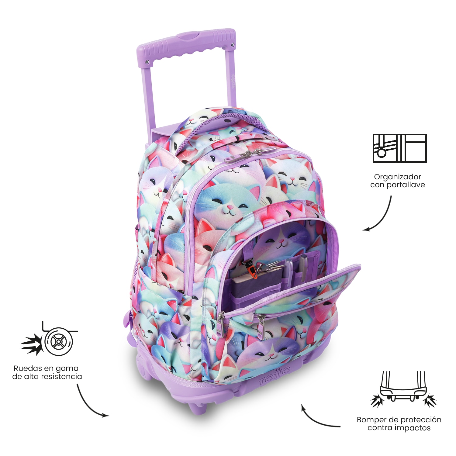 Mochila Escolar com Rodas Totto Renglones Roxo-6