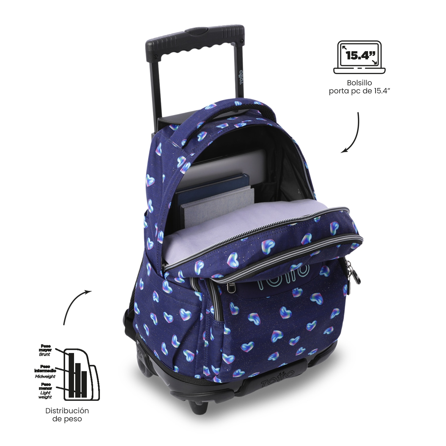 Mochila Escolar com Rodas Totto Renglones Glitter Azul-5