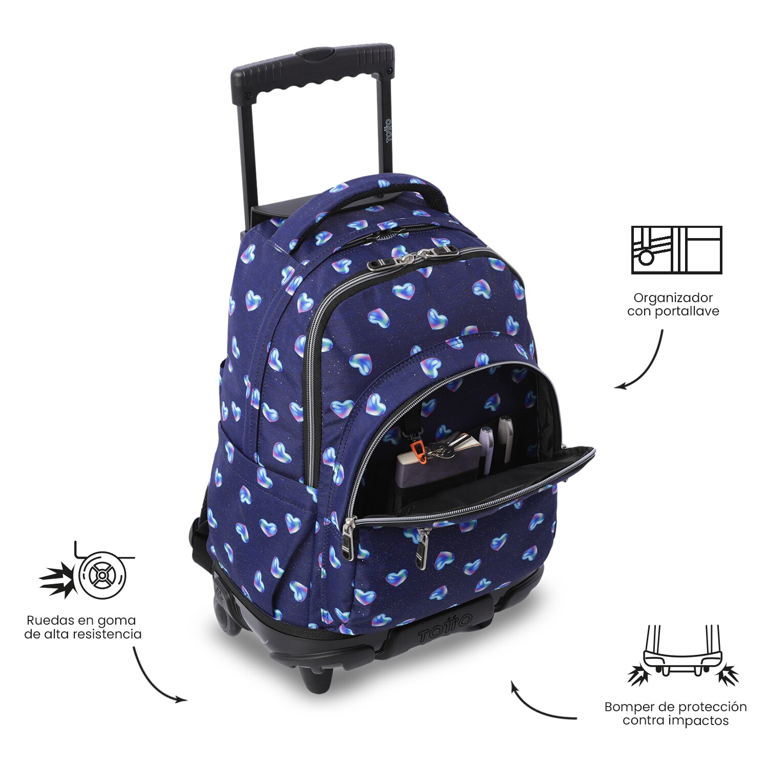 Mochila Escolar com Rodas Totto Renglones Glitter Azul-6