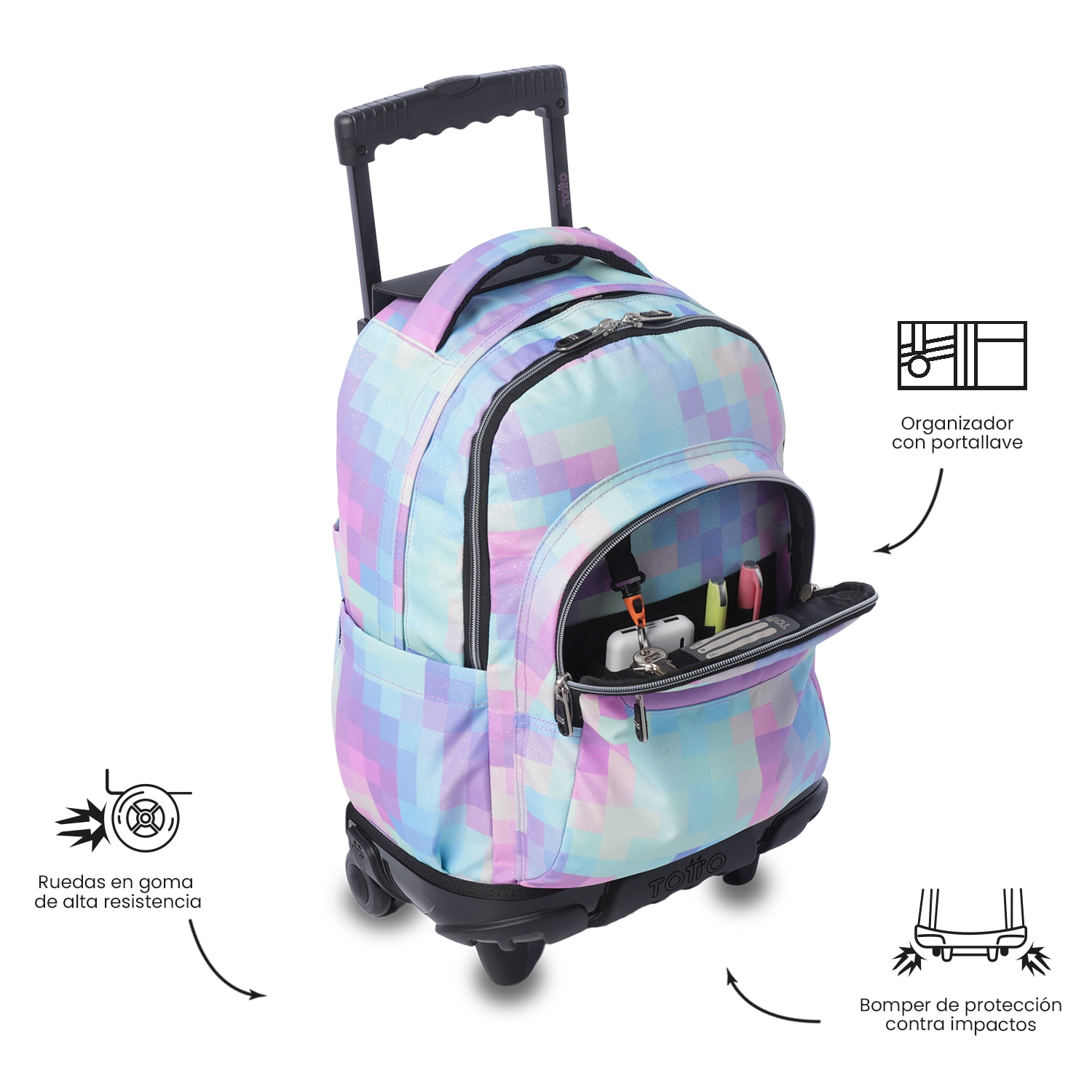 Mochila Escolar com Rodas Totto Renglones Glitter Roxo-7