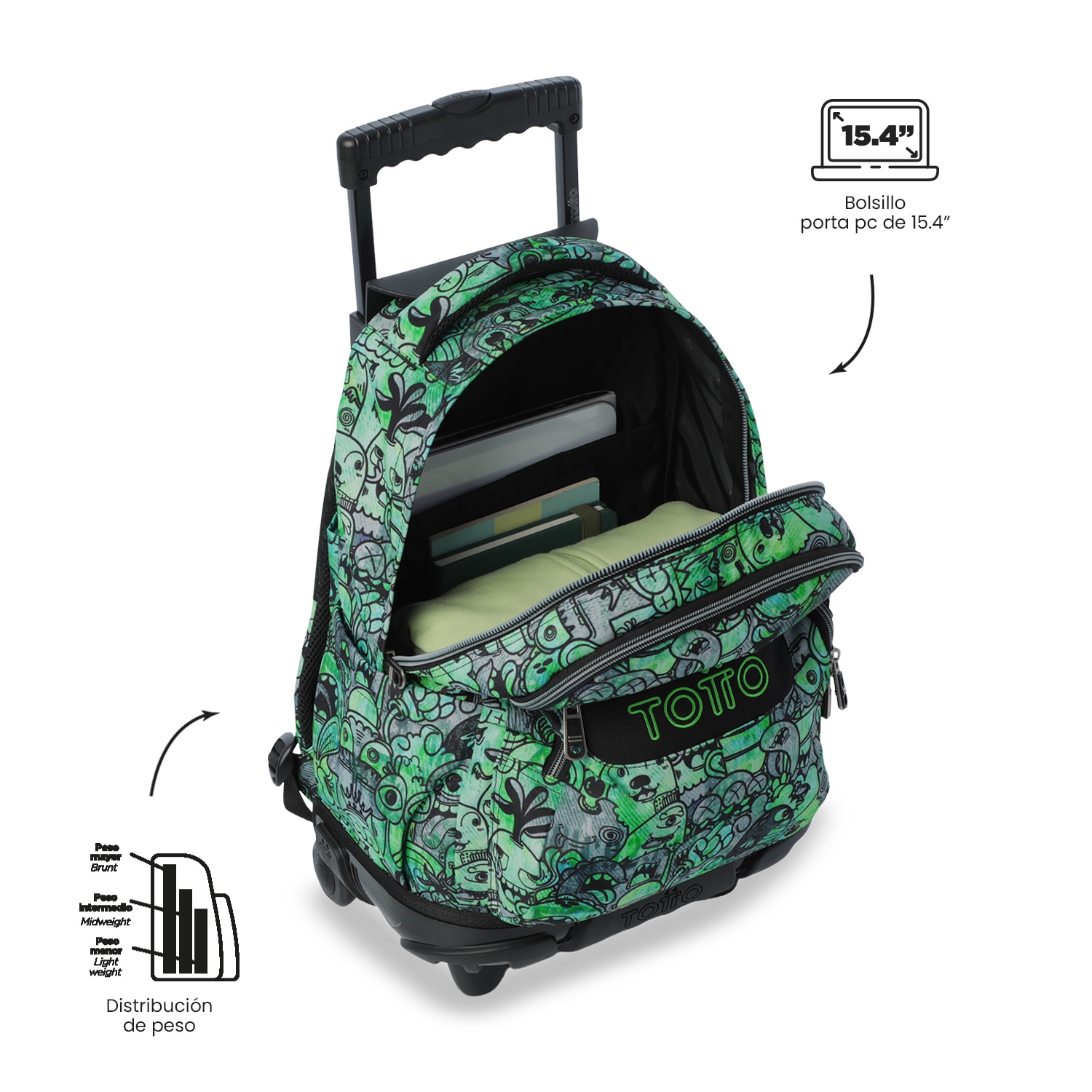 Mochila Escolar com Rodas Totto Renglones Verde-6