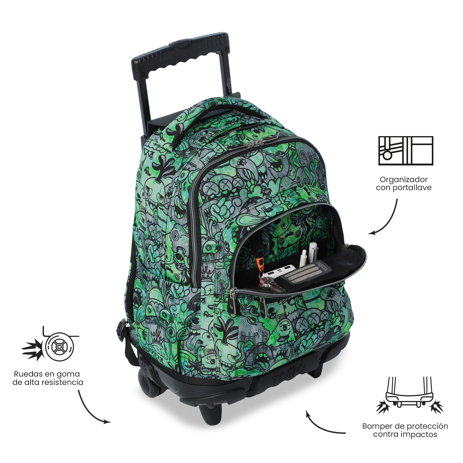 Mochila Escolar com Rodas Totto Renglones Verde-7