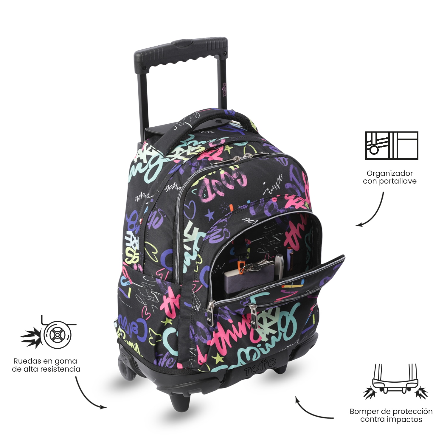 Mochila Escolar com Rodas Totto Renglones Preto-7