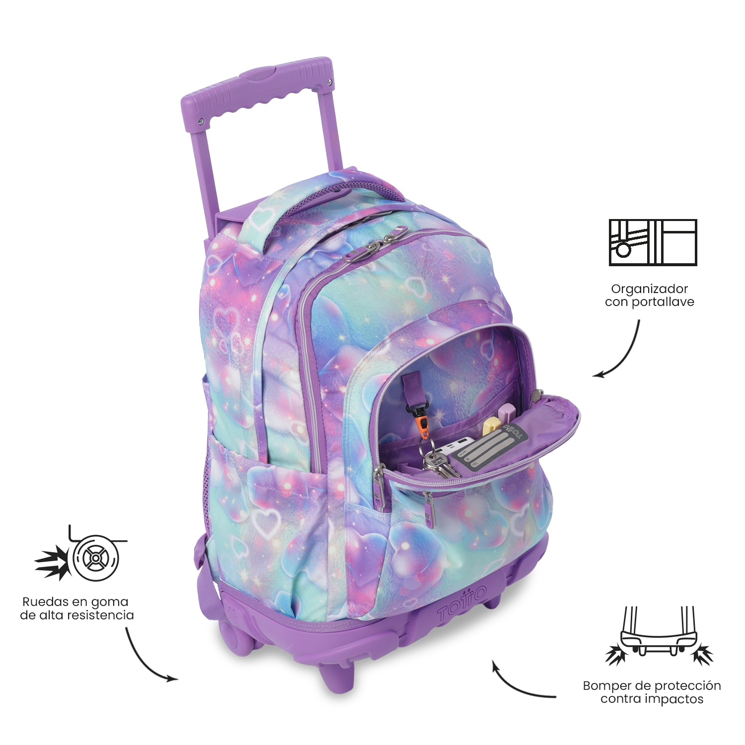 Mochila Escolar com Rodas Totto Renglones Roxo-6