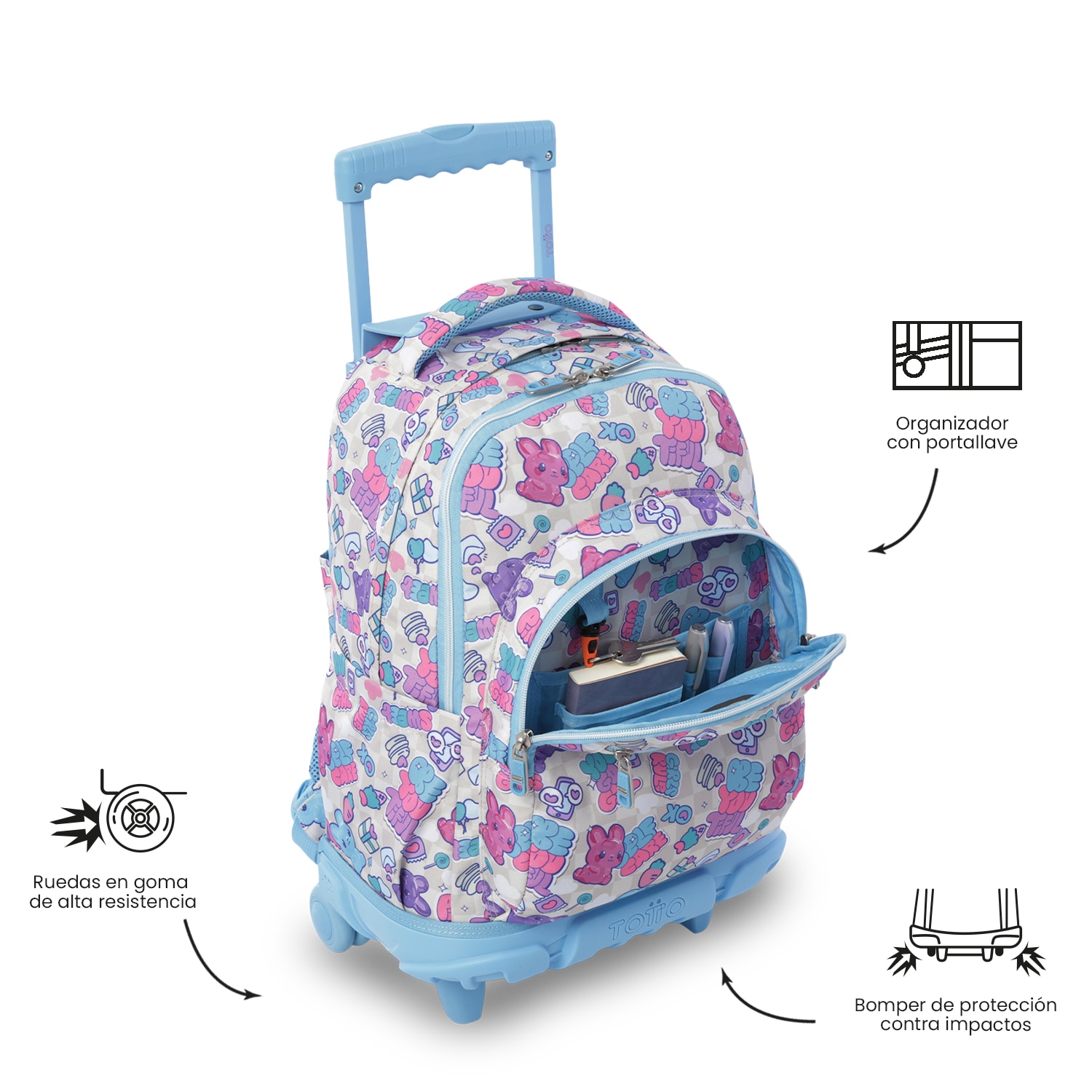 Mochila Escolar com Rodas Totto Renglones Rosa-6
