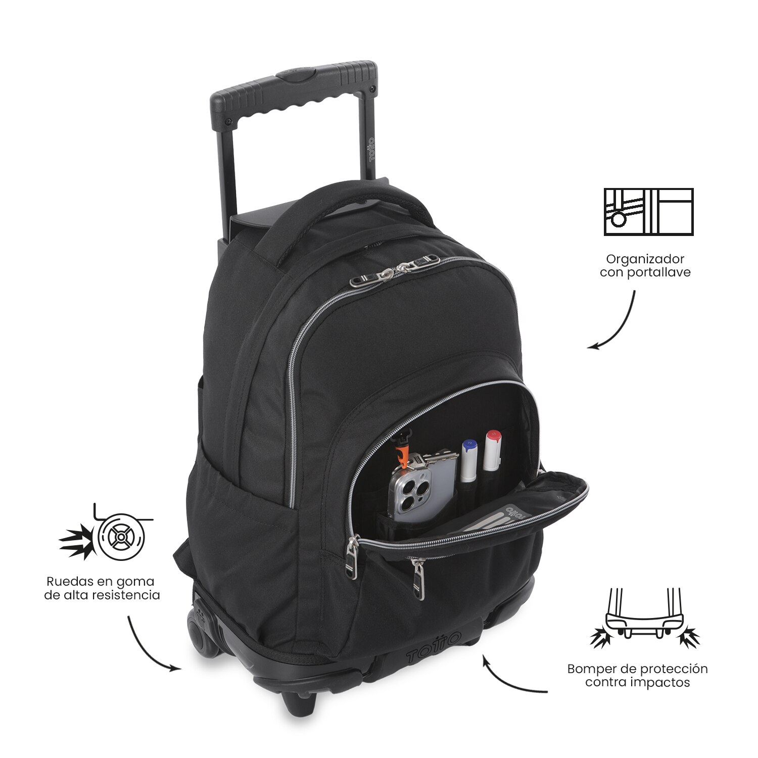 Mochila Escolar com Rodas Totto Renglones Ecole Solid Preto-7